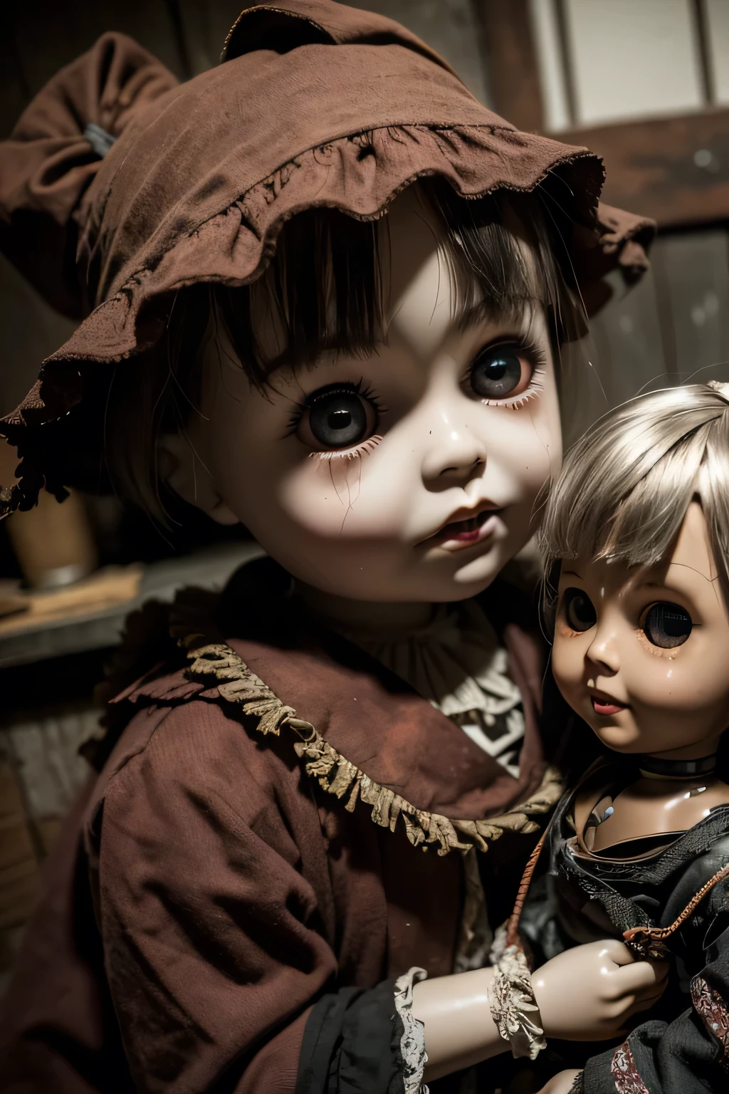 Dark fantasy, Thick Fog, ((Close-up on the doll))、canon 35mm lens、Creepy tin doll with cute eyes and a disrobed Japanese doll, Rusted, Dirty and cracked doll, Standing and walking、Indoors in Japan houses