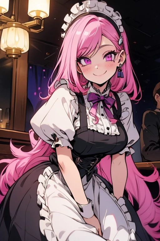 Perfect face. Perfect hands. A pink haired woman with violet eyes and an hourglass figure in a ta maid's outfit is smiling while leaning forward in a fancy maid cafe