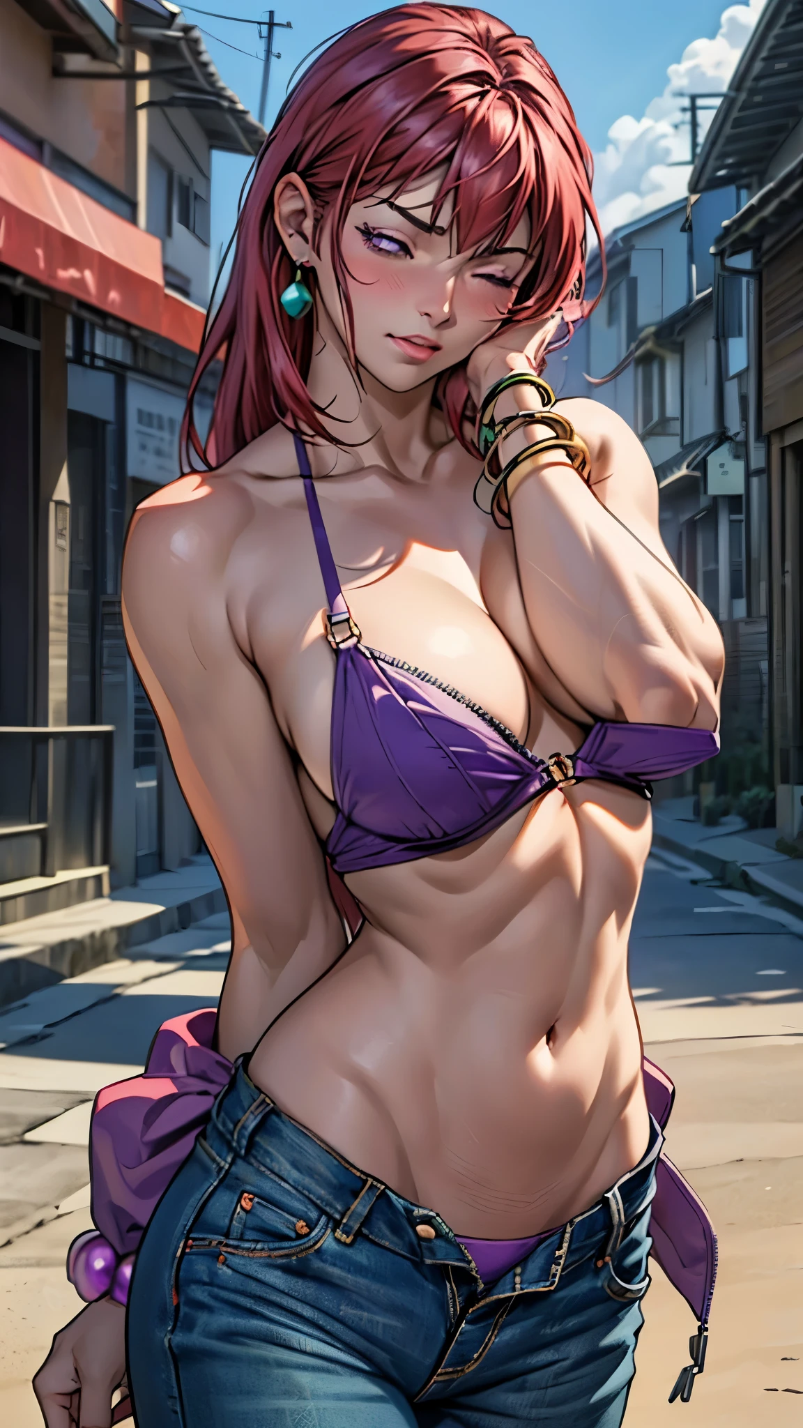 8k, masterpiece, view from the front, solo, 1girl ((takashirohiroko, arms covering crotch, slim figure and detailed hands, detailed fingers, detailed eyes, detailed lips, sexy, bangle, bangs, bare shoulders, belt, purple bikini, purple bikini top only, blue sky, bracelet, breasts, purple eyes, cleavage, cloud, cowboy shot, day, denim, round green earrings, floating hair, green belt, purple bikini, groin, unzipped low hipster jeans, g-string, jewelry, large breasts, log pose, long hair, looking at viewer, navel, red hair, pants, sidelocks, sky, standing, stomach, swimsuit, (facial expression: having orgasm, blushing, eyes closed, head tilted back)), by the beach at night, moonlight, nsfw,