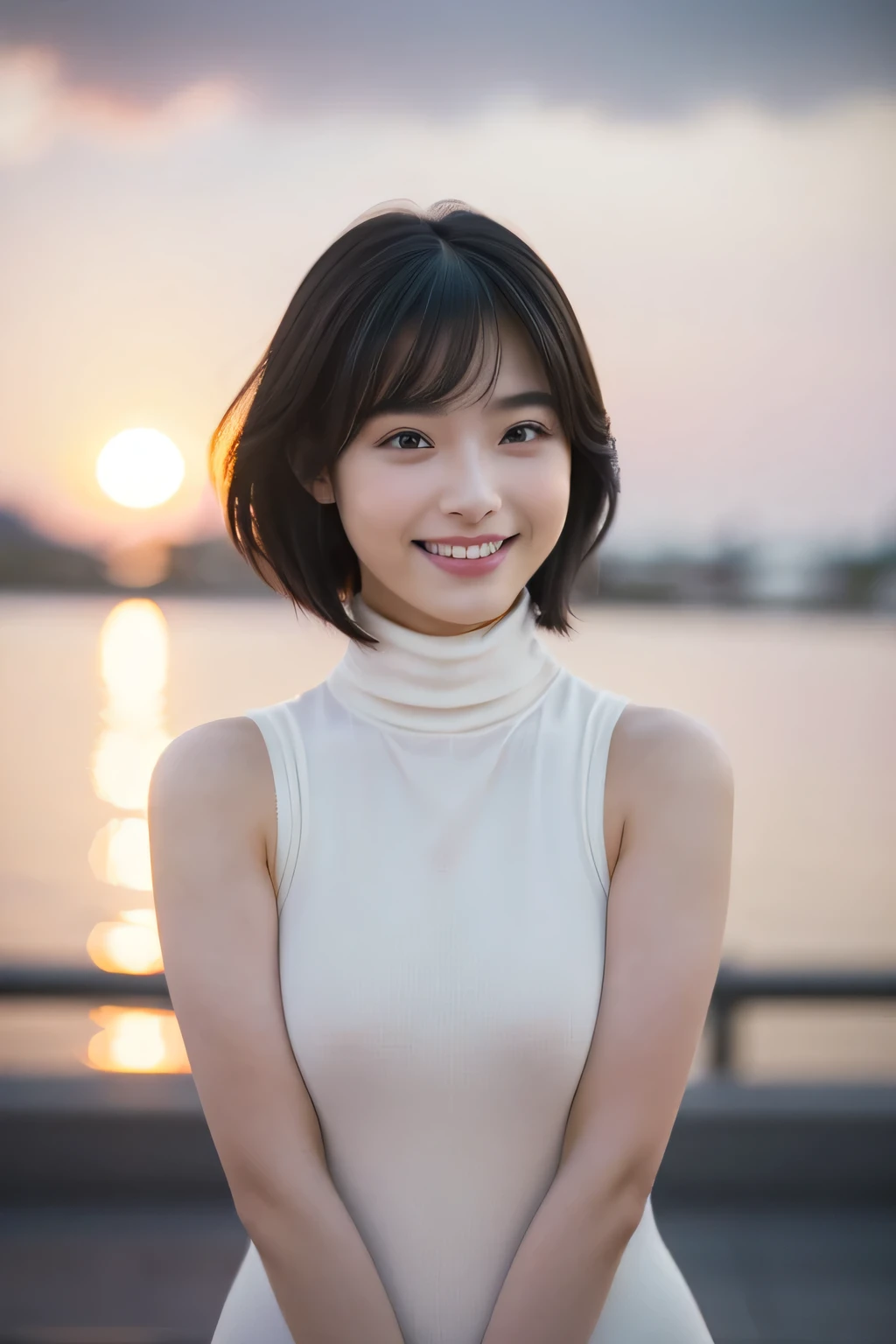 (Hyper Reality: 1.35), (Realistic: 1.4), Beautiful Japanese Women, smile, alone. light makeup, masterpiece, 最high quality, high quality, alone, very good, Latin, puberty, Only one girl, Well trained, muscular, The body is slim,small nipples, Large breasts, ((最high quality)),((Hello)),((Very delicate and beautiful)),((Very shallow depth of field)), Hmph,((Incredibly shallow depth of field)). family friendly)), (((Very delicate and beautiful)), (((Very shallow depth of field))), Hmph, (((Unbelievably absurd))), (((Black Hair )), (((Shortcuts))), (((Bob Hair))), ((( Camera Eye)))), (((small ))), (((A happy and wonderful smile))), poor, my + background, Dynamic Angle, Focus on women, {Particles of light}, Detailed background, Soft lighting, (dramatic) sunset), sunset, very beautiful sunset, Live Action, Realistic, cute smile, (blurred background), 13 years old,, (((wind))), ((Movement)), ((emotion)), ((colorful)), ((Baby Face)), ((Beautiful Teeth)), Wither, sea background, No makeup, whole body, ((Underbust)), high neck, Sleeveless, turtleneck,