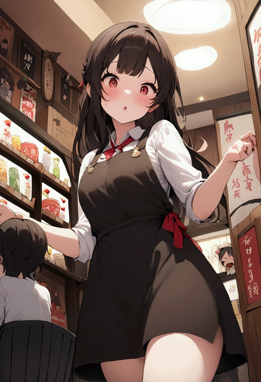 2A cute girl with a life-sized character、He's a ramen shop employee and seems a bit clumsy.