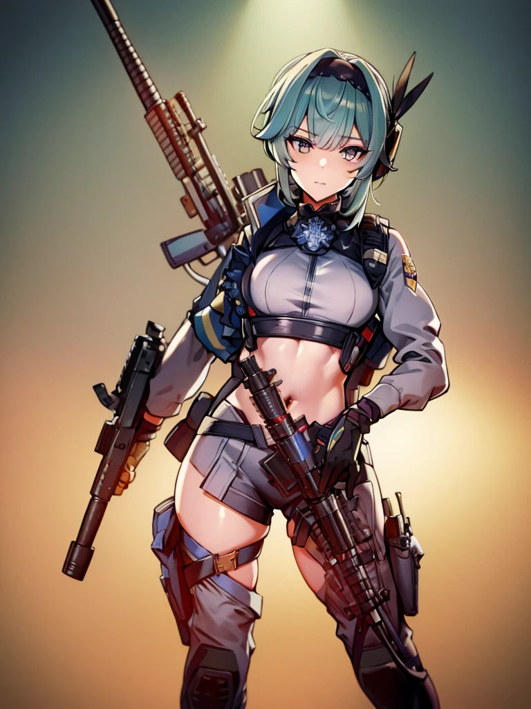 ((masterpiece)),(Best Quality),very detailed, (perfect )、masterpiece、Ultra high quality、 8k、masterpiece、of the highest quality、ultra high resolution、maximum resolution、Very detailed、Professional lighting、cheered up、women、very beautiful face、very beautiful eyes、(very detailed eye)、Cara very detailed, beautiful and detailed face, official art,1 girl, Alone, short hair , For the blue, belly button, tenure, weapon, Bermuda, diaphragm, tenure weapon, military, headphones, rifle, headphones, realist, sniper rifle, camouflage, sniper rifle, cargo vest, using tactical equipment, Eula genshin impact, tactical girl, Tender smile, medium breasts, Beautiful figure, Whole body, camouflage tactico military, ropa camouflage.