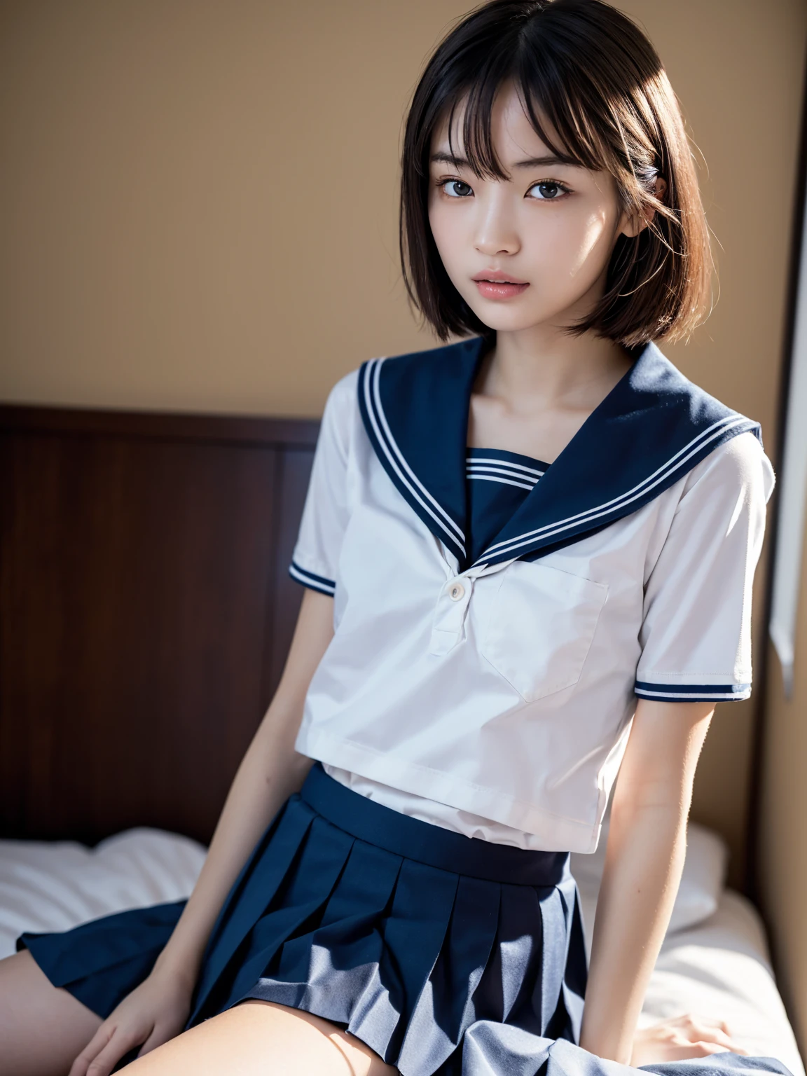 (masterpiece), Very detailed, Ultra-high resolution, Realistic, photo Realistic, High-resolution RAW color photos, Professional photos, Sharp focus, (Very detailed顔と肌の質感, Very beautiful eyes, Glossのある肌, Glowing Skin, Glowing Skin, Shining Face, Gloss, Oily skin, greasy face, Oily skin, greasy face,),, (real Glossのある肌 texture), Perfect Anatomy, Very detailed背景,((Hotel Bed)),(1 female,25-year-old woman, Japanese women),(lean slender body),(short hair, Straight hair, bangs, Brown Hair),(Flat Chest:1.6), (((Japanese Sailor Suit,Japanese school sailor uniform, Pleated skirt)))、((((Strip uniforms))))