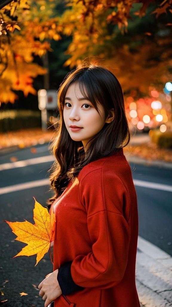 Create captivating autumn depictions, Flaming red maple leaf，dusk，A beautiful woman is on the roadside covered with maple leaves，Waiting for my sweetheart to come back，Wistfully，，Where nature and technology coexist，Let this artwork transport the viewer into another world, Old and new intertwined，Forming a fascinating tapestry of nostalgia and innovation