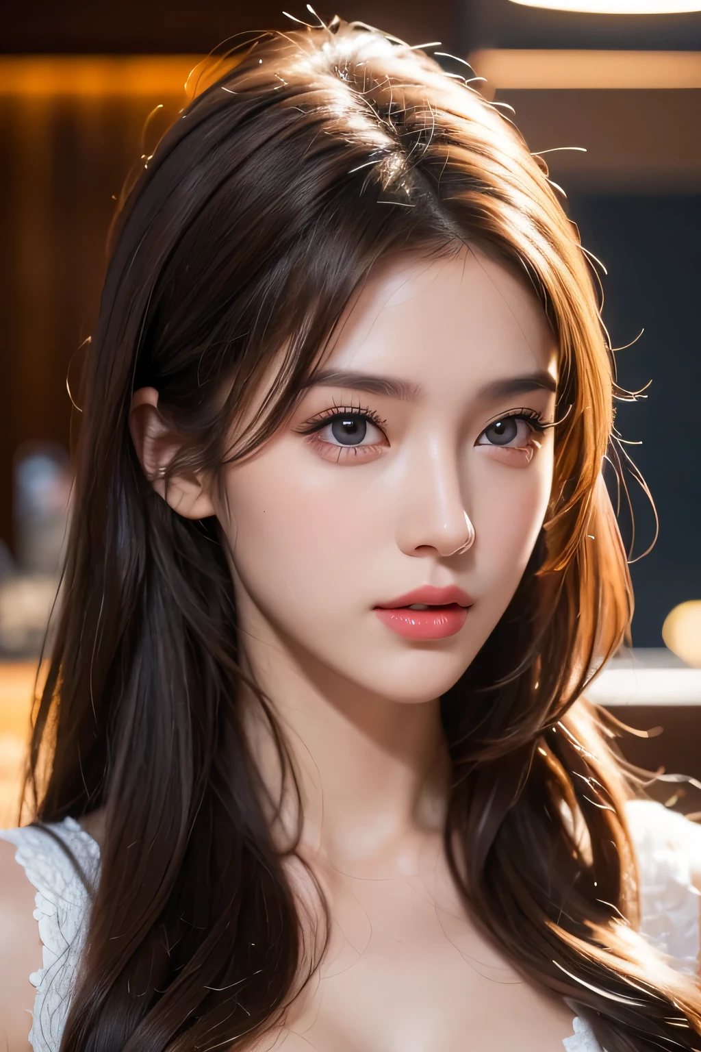 High-quality work,Realistic works,Super premium graphics,8K HD CG works,high quality graphics,High-definition and exquisite CG works,10x pixels,Ultra-fine details:1.1,Advanced technical details:1.1Realistic photo effects,Interior lighting effects:1.5,natural soft light:1.5. Light effect(Virtual light effects:1.8),ultra high resolution,shining dress,sliver long hair,silber hair,transparenthair,high detailed hair(Quality hair details:1.1)Clear eyes,Double eyelids look good,Sharp eye makeup, Create exquisite eyelash makeup, tthin eyebrows, Ultra-detailed eyes,a tall nose, lovely red lips, rosey cheeks, With delicate makeup on her face , pretty face, The face shape is perfectly proportioned,(Advanced facial details:1.1)Masterpiece, highest quality, realistic, very detailed. Subtleties High resolution 8k wallpaper beautiful woman. Wearing a dark blue see-through shirt. Great bar restaurant. At night. Light brown messy hair. The perfect dynamic composition of beautiful and beautiful eyes gradually in 25 year old woman has a long light brown hairstyle with slight bangs.,Dress up and have a unique style. ,Light brown eyes and beautiful They are cute and fun playmates.,Wear glasses with a beautiful and modern design.,Beautiful, healthy, white-pink skin.,small mouth. Women's artwork,Dress full body video,Realism,Amazing ,My eyes are very bright today