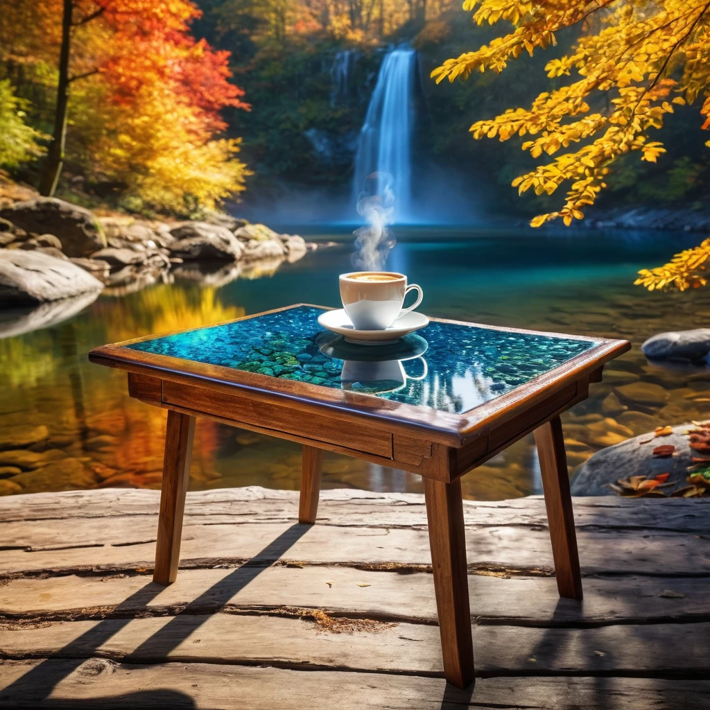 Generate a hyper-realistic image of a small wooden table by a crystal-clear river, featuring a steaming cup of coffee with visible steam and a glossy ceramic surface. Capture the intricate textures of the riverbank, the sparkle of sunlight on the water, and the vibrant colors of autumn leaves. In the background, showcase towering, snow-capped mountains under a bright blue sky. The lighting should be natural, with dynamic shadows and highlights, creating depth and realism. The overall composition should immerse the viewer in a serene, untouched natural landscape.