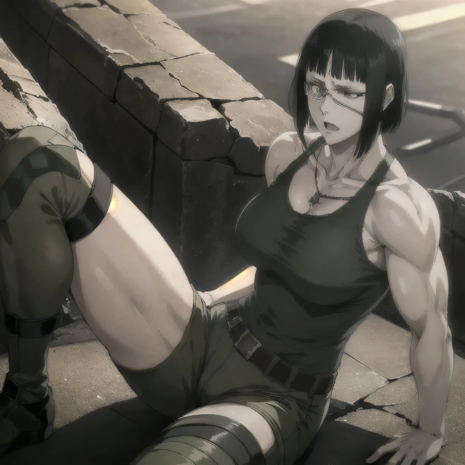 (best quality,ultra-detailed,realistic:1.37),musclaur badass girl with sculpted body with preview her musclaur body and style, full review of the female character's face and body, intense expression, strong and confident posture, studio lighting, vivid colors, physiologically-based rendering, grungy texture, rugged background, dust particles in the air, commanding presence, professional, powerful, gritty aesthetics,,Valmet،short hair,necklace,Light reflection on shoulders, clean muscles،wearing Tight T-shirt and military combat trousers,eyepatch,sitting on ground 