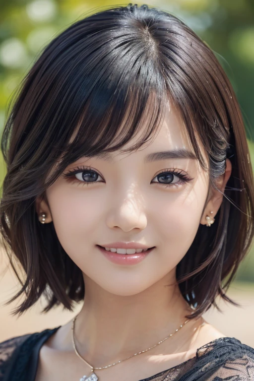 (A Beautiful youthful lady、 Korean woman、Fashion model、Black Hair、Wavy Hair、short hair、bob hair、very detailed & beautiful facial features、beautiful detailed eyes、flawless skin、
ear piercing、Necklace around the neck、silk blouse & dress、huge breasts、 melon face 、kind smile、Beautiful teeth alignment、Intricate details、(Very detailed:1.2)、 Looking into the camera, bokeh background, SFW)