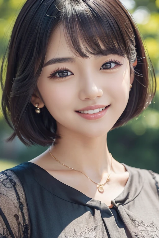 (A Beautiful youthful lady、 Korean woman、Fashion model、Black Hair、Wavy Hair、short hair、bob hair、very detailed & beautiful facial features、beautiful detailed eyes、flawless skin、
ear piercing、Necklace around the neck、silk blouse & dress、huge breasts、 melon face 、kind smile、Beautiful teeth alignment、Intricate details、(Very detailed:1.2)、 Looking into the camera, bokeh background, SFW)