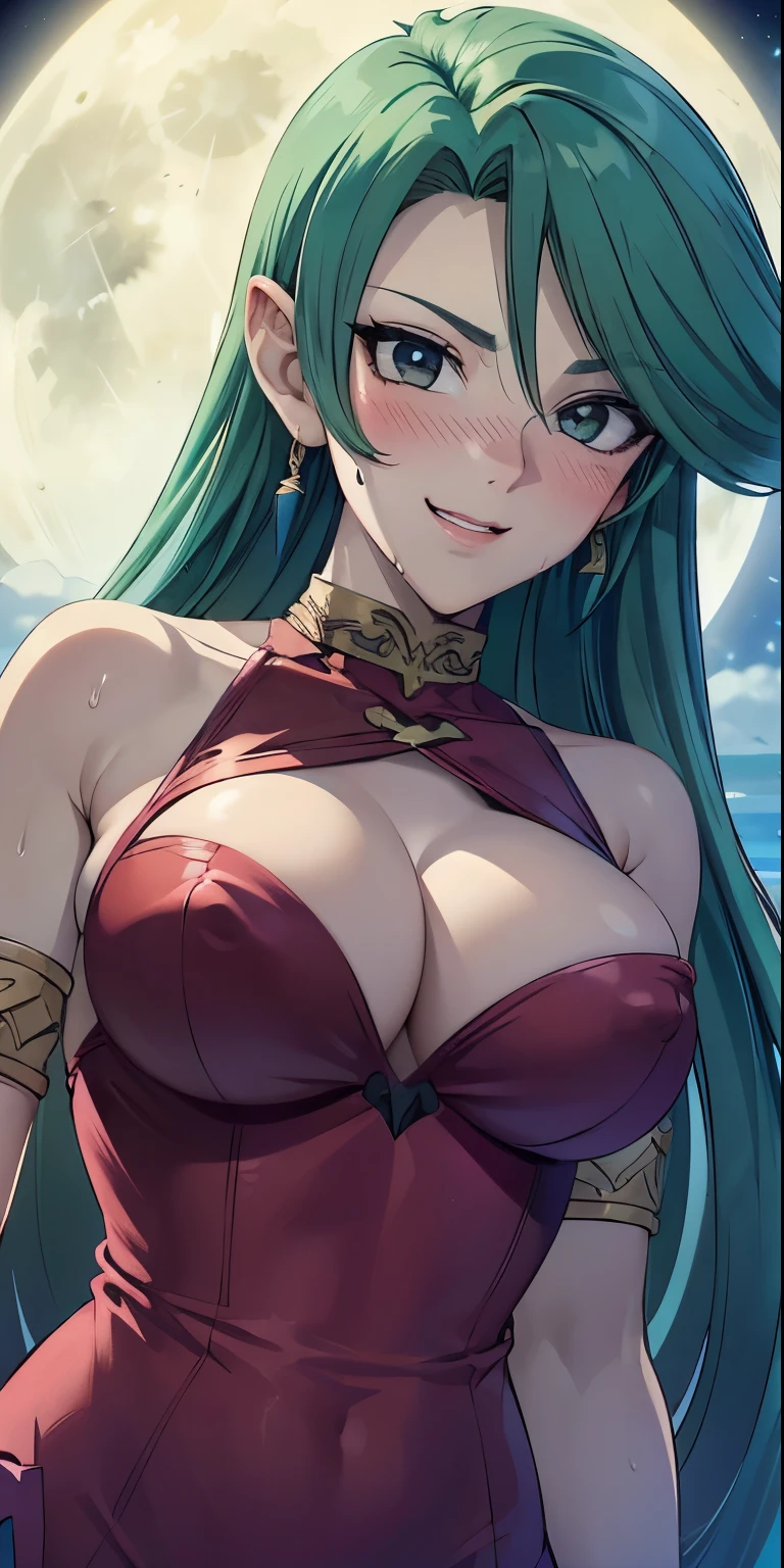 1 Female,High definition,high resolution,Ultra-realistic,8K, 8K, ta1,blonde hair,long hair,yellow eyes, white jacket, sleeveless, blue skirt,tight skirt , miniskirt,fingerless gloves,European,sexy,Upper body close-up,Photographed from the front,Dynamic Angles,(blush), big tits, nipples,(show tits),happy, wink the eye,facial, sweat,multicolored hair , outdoors, moonlight, night