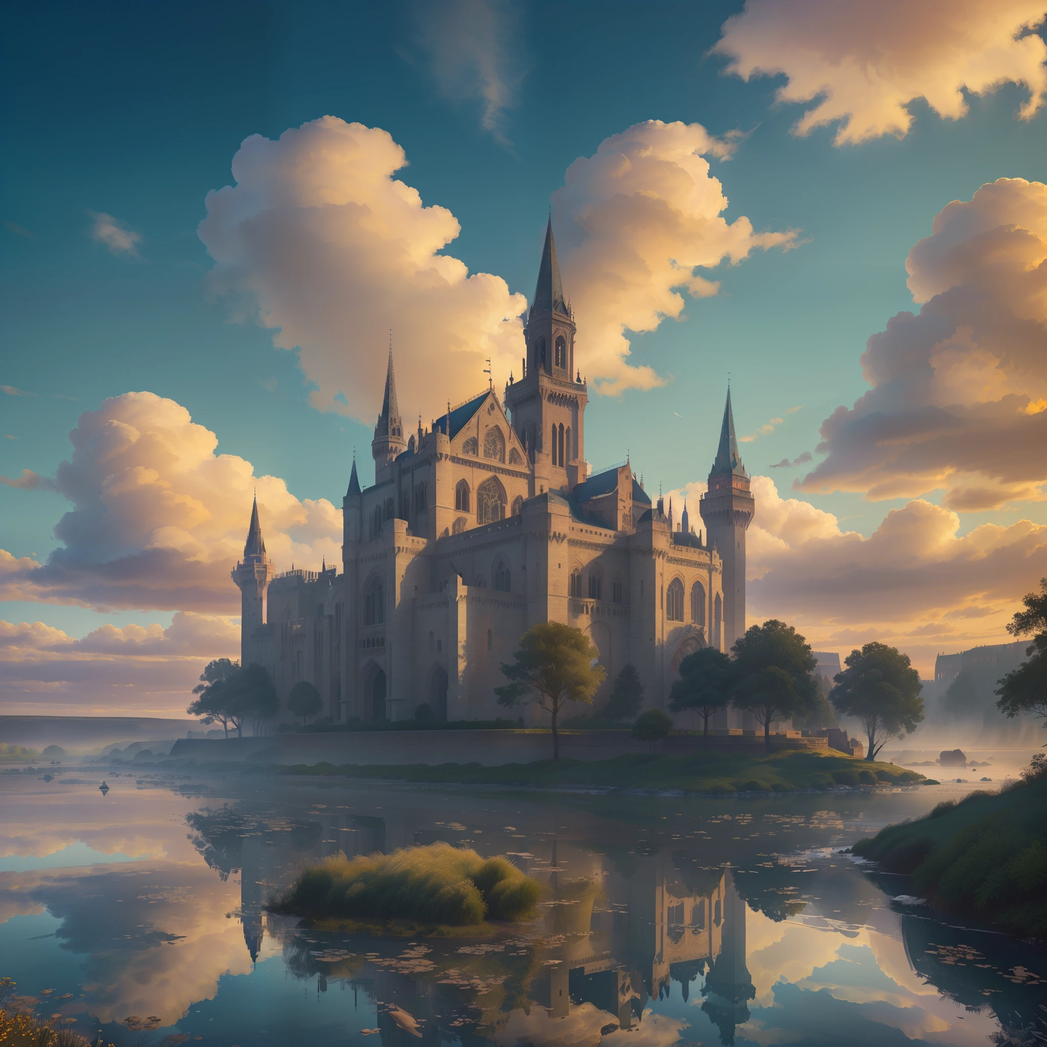 (best quality,4k,8k,highres,masterpiece:1.2),ultra-detailed,(realistic,photorealistic,photo-realistic:1.37), colossal and ornate gothic castle, overlooking a pristine river, stunning reflection, detailed crystalline structures, intricate facets, radiant lighting, vibrant colors, dramatic shadows, fantasy landscape, ethereal atmosphere, cinematic composition