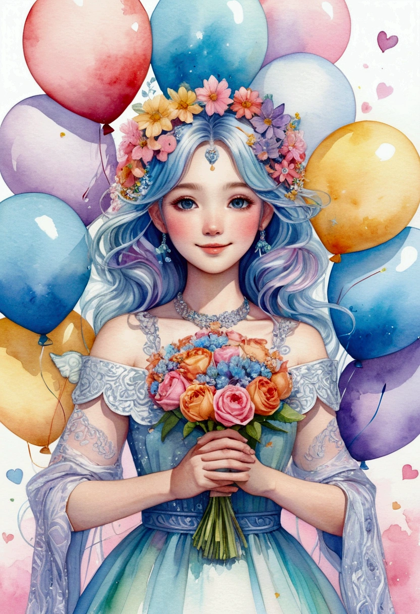 Lots of balloons:1.3,(Girl with big angel wings hanging from many heart-shaped balloons)、(PastelColors:1.3)、(Cute illustration:1.3)、(watercolor paiting:1.1)、 Blue butterfly、holding flower bouquet:1.3,a pixie cut、(jumpping、levitation)、 、rainbows、blue open sky、white clouds、foreign country、rinka、during daytime、Bouquet in hand、colorful flower、confeti、Balloons of the Heart、Detailed background、(1girl in:1.3)、Smile with open mouth、Beautifully detailed、Moya、colourfull、marble、Particles of light、patterns、 Detailed drawing、Vibrant colors、striking contrast、intricate detailes、Delicate depiction、Luminescent、full body Esbian、 From the side、Beautiful facial features、Brightly colored eyes、Wearing intricate and delicate ornaments、glowing aura、Radiant hair、 Illuminated by the morning light,Thick wool gown:0.5