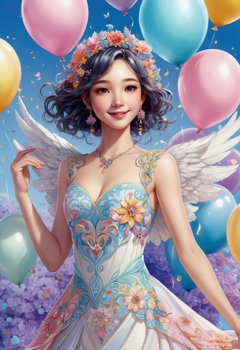 Lots of balloons:1.3,(Girl with big angel wings hanging from many heart-shaped balloons)、(PastelColors:1.3)、(Cute illustration:1.3)、(watercolor paiting:1.1)、 Blue butterfly、holding flower bouquet:1.3,a pixie cut、(jumpping、levitation)、 、rainbows、blue open sky、white clouds、foreign country、rinka、during daytime、Bouquet in hand、colorful flower、confeti、Balloons of the Heart、Detailed background、(1girl in:1.3)、Smile with open mouth、Beautifully detailed、Moya、colourfull、marble、Particles of light、patterns、 Detailed drawing、Vibrant colors、striking contrast、intricate detailes、Delicate depiction、Luminescent、full body Esbian、 From the side、Beautiful facial features、Brightly colored eyes、Wearing intricate and delicate ornaments、glowing aura、Radiant hair、 Illuminated by the morning light,Thick wool gown:0.5