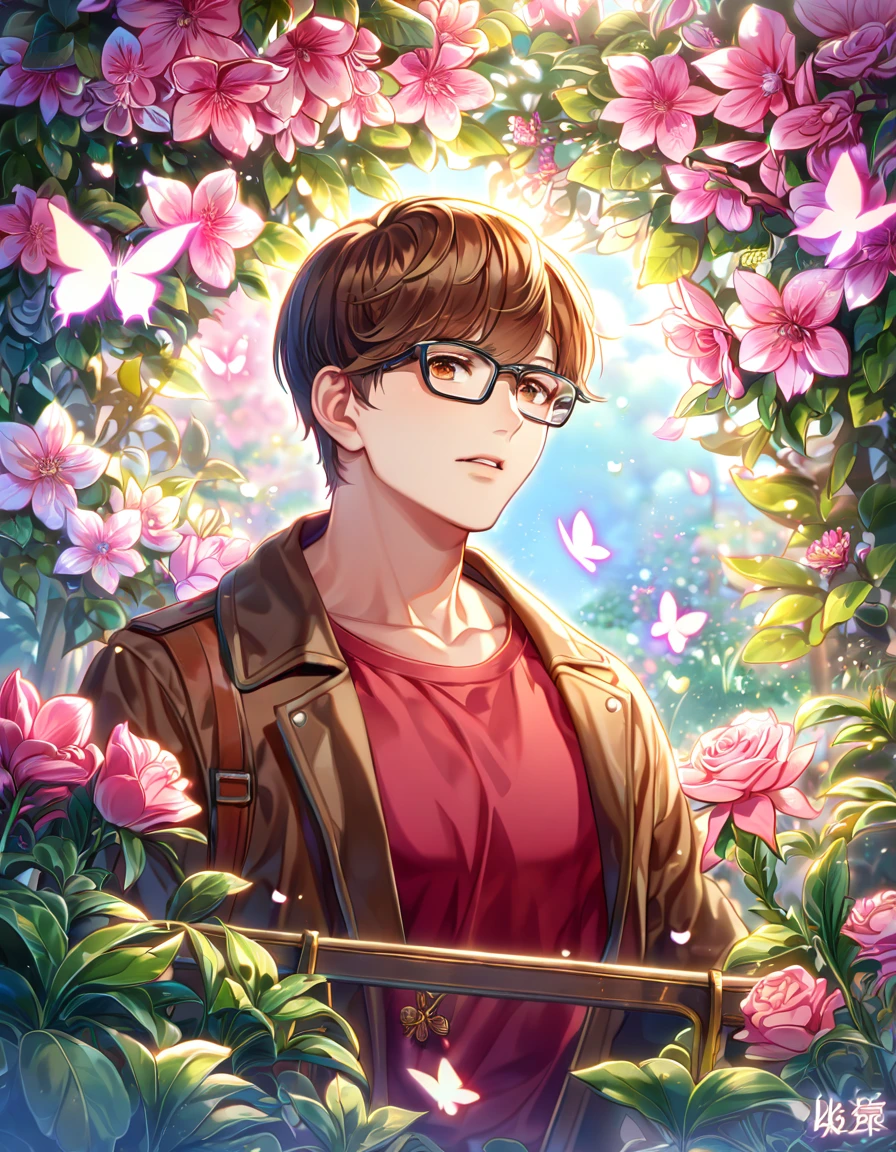 absurdres, highres, ultra detailed, HDR, master piece, best quality, extremely detailed face, delicated features, Wu Xie, brown hair, expressive brown eyes, glasses with black frames, with bangs, The Lost Tomb, solo, sexy man, handsome, brown coat, red shirt, fingerless tactical black gloves, fantasy, magical, pink butterflies, spring, pink leaves, pink flowers, garden