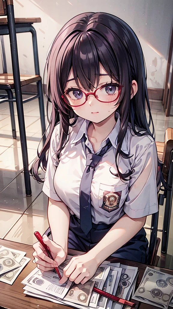 Anime style, a beautiful woman with glasses, long and beautiful straight hair, wearing a high , lots of scattered paper money, inside a classroom, the paper money has red blood stains