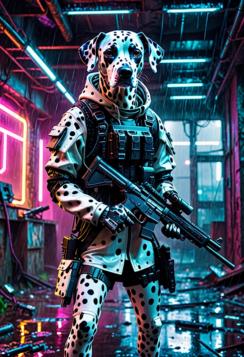 a futuristic cyberpunk Dalmatian dog with a grim face holding a gun in an abandoned building, rainy weather, neon lights and steam, detailed futuristic outfit, hyperrealistic, 8k, photorealistic, cinematic lighting, moody atmosphere, soft color palette, intricate details, depth of field, dynamic camera angle