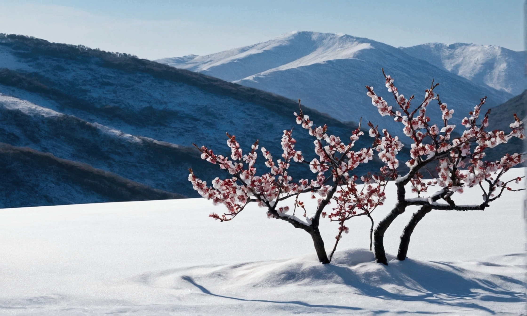Snow flutters and the north wind blows.
The world is vast and desolate.
A plum blossom stands proudly in the snow.
