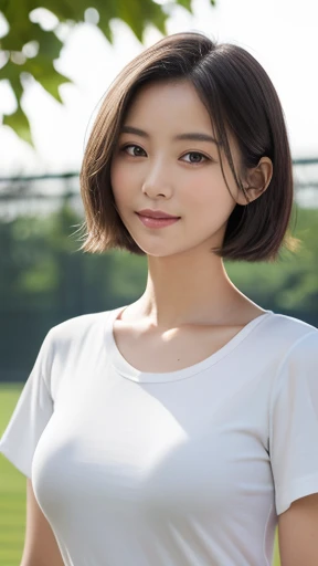 masterpiece, Highest quality, (RAW Photos:1.3), Realistic, Upper body photo, Beautiful adult woman, Age 27, Beauty, Long face, Long-term. Wavy black short hair, Symmetrical face, Symmetrical eyes, Old-fashioned smile, (White T-shirt, Small breasts:1.4), intellectual, A neat female teacher, physical education teacher, Hanging a whistle from his neck, Schoolyard