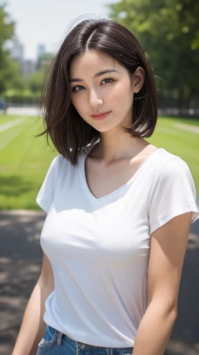 masterpiece, Highest quality, (RAW Photos:1.3), Realistic, Upper body photo, Beautiful adult woman, Age 27, Beauty, Long face, Long-term. Wavy black short hair, Symmetrical face, Symmetrical eyes, Old-fashioned smile, (White T-shirt, Small breasts:1.4), intellectual, A neat female teacher, physical education teacher, Hanging a whistle from his neck, Schoolyard