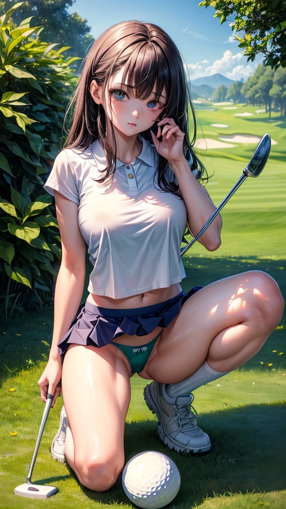 (masterpiece, highest quality, ultra high res, ultra detailed:1.3), 1 cute girl, ideal ratio body proportions, open crotch, serious look, cameltoe, mini skirt, squatting, outstretched legs, knees up, read the grass on the green, clothes covered nipples, (showing off panties:1.3), white shiny panties, holding a putter, front view, golf shoes, high socks, (one eye opened, holding a putter in front of her face:1.2), looking at the ground,