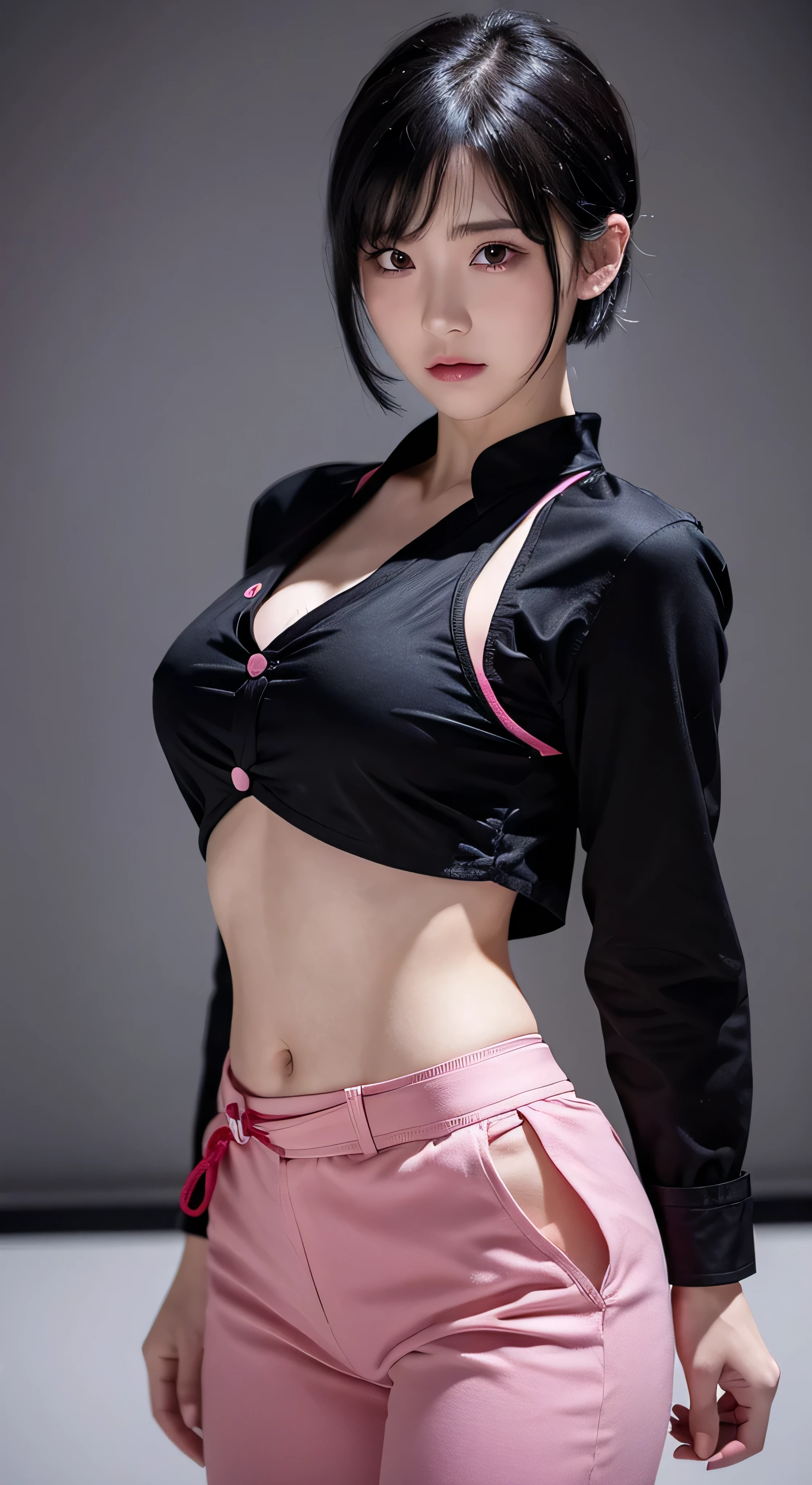 with high definition images，pronounced body、Developed body、Kung Fu Fighter、Red buttoned blouse、Black long black pants、Black belt around the waist、Black short hair(Hair with pink strands at the ends)、Wrestler&#39;s shoes、Tired look、Sitting on a heavy load in an old warehouse、Abandoned warehouse interior、 Medieval Setting。