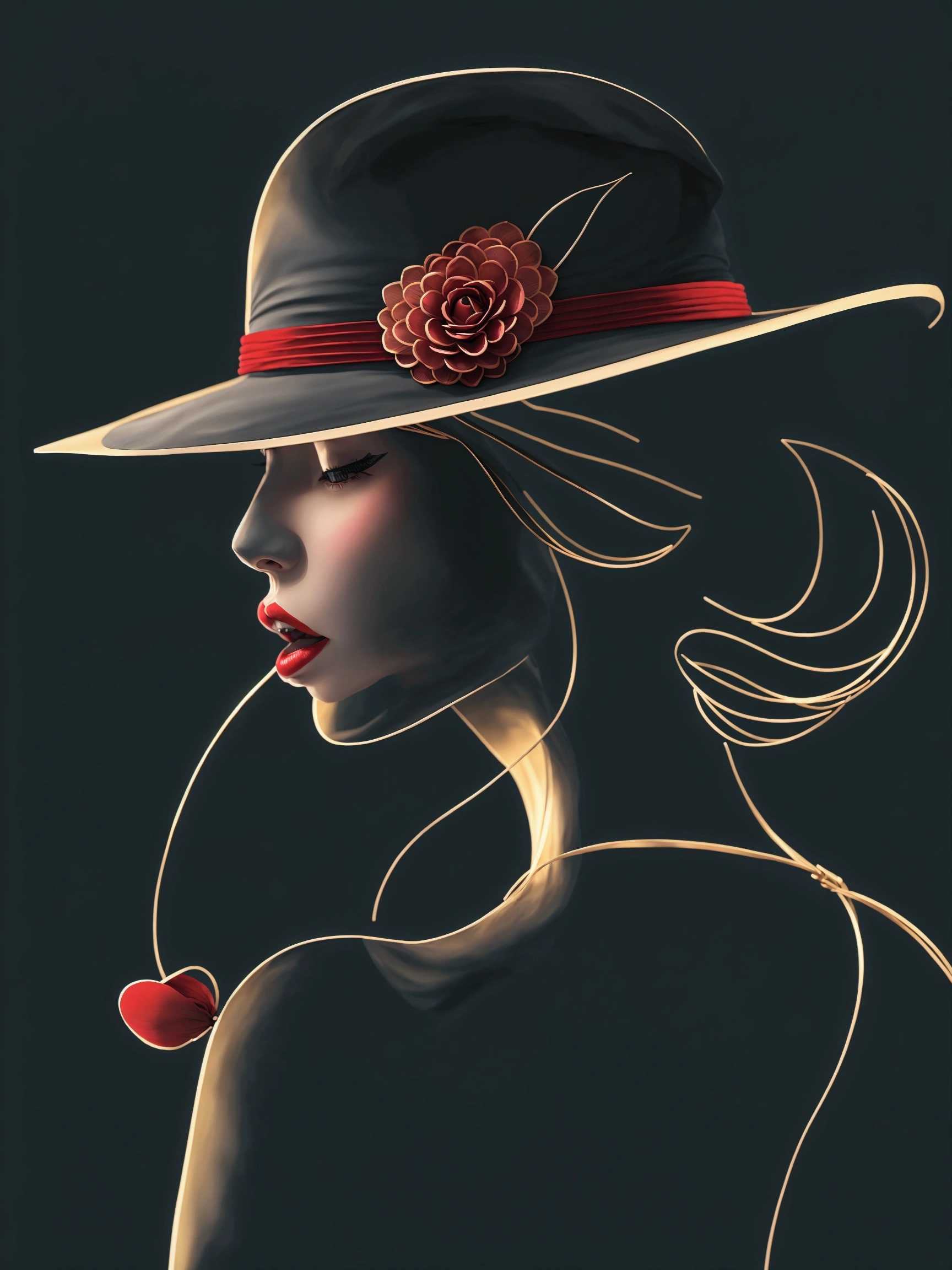 There is a lady wearing a hat，There is a flower on the hat, Digital illustration style, Elegant Numbers艺术, woman Wear a hat, Elegant woman, Elegant lady, A beautiful artistic illustration, Beautiful line art, Beautiful digital illustrations, Rich facial details，Red lips, Stylized digital illustration, Vector Art, Illustration Art, Wear a hat, Elegant Numbers