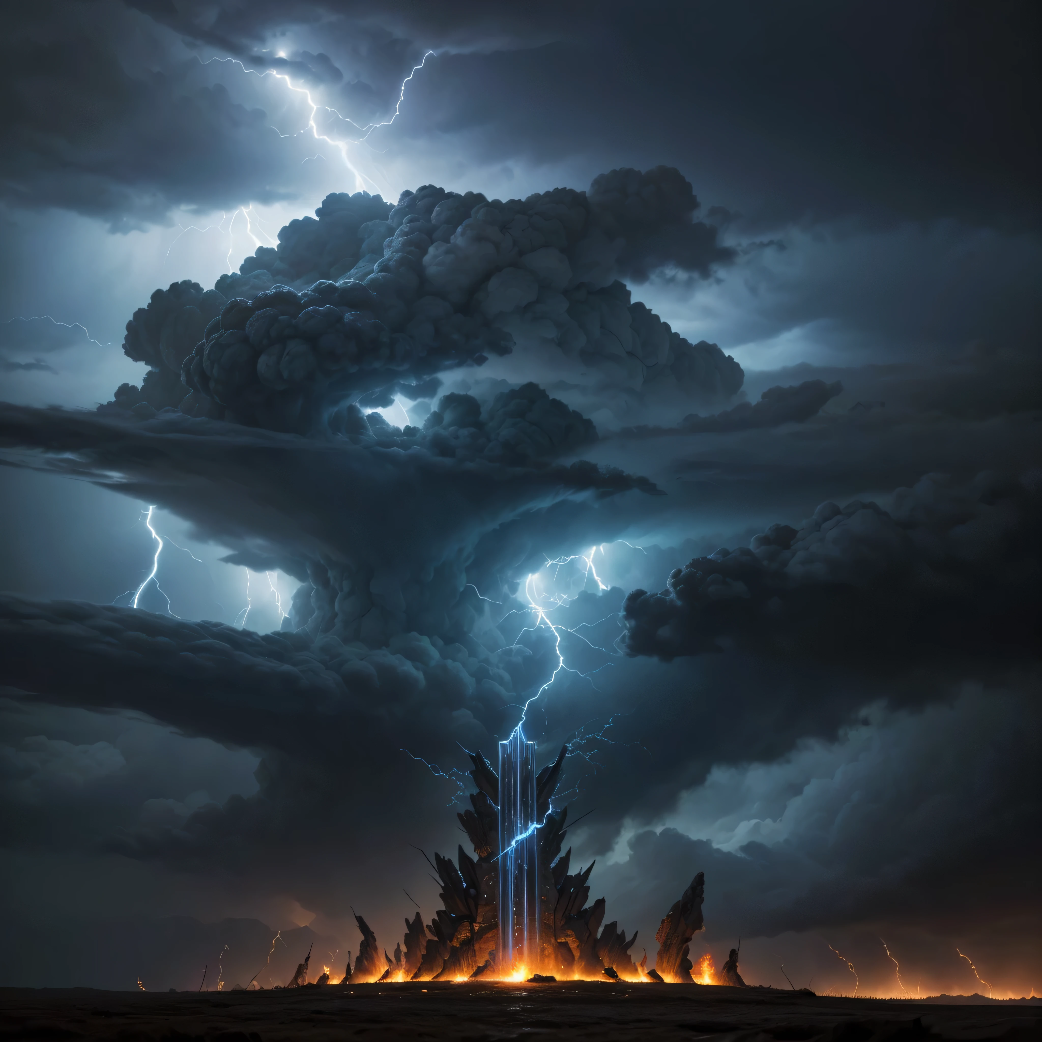 Create a dramatic and epic album cover for a power metal band titled "Echoes of the Thunderforge". The design should reflect the themes of thunder, forging, and a grand, mythical atmosphere.

Central Imagery:

Forge and Lightning: The centerpiece of the cover should be a powerful forge, glowing with intense heat and surrounded by roaring flames. Above or around the forge, depict dramatic lightning bolts or thunderclouds to symbolize the thunder aspect.
Forge Master: Include a central figure, such as a mythical blacksmith or a warrior, engaged in forging a legendary weapon or artifact. The figure should appear strong and determined, with elements of metal and fire in the scene.
Background:

Stormy Atmosphere: The background should be a dark, stormy sky filled with lightning and swirling clouds. The tempestuous atmosphere should enhance the sense of power and turmoil.
Echoing Effects: Add visual effects to represent the "echoes" theme, such as ripples or waves of energy emanating from the forge, hinting at the impact and legacy of the thunderous power.
Color Scheme:

Primary Colors: Use a palette dominated by dark blues, electric blues, and metallic silvers to represent the storm and forge. Include fiery oranges and reds to capture the heat of the forge and the power of lightning.
Accents: Incorporate glowing accents and highlights to create a sense of energy and dynamism.
Additional Elements:

Mythical Symbols: Include runes or ancient symbols related to thunder and forging around the border or subtly integrated into the design.
Title and Band Name: Place the album title "Echoes of the Thunderforge" prominently on the cover in a bold, metallic font. Ensure the band's name, "Thunderforge," is also clearly visible, styled in a way that complements the overall design.
Overall Mood:

The cover should convey a sense of epic scale and mythical grandeur, capturing the powerful and intense essence of the album. It should appeal to fans of power metal and speed metal, invokin