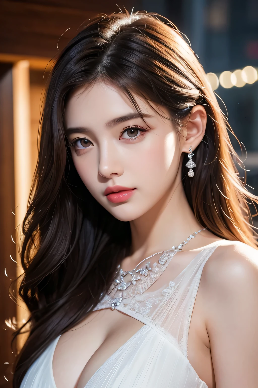 High-quality work,Realistic works,Super premium graphics,8K HD CG works,high quality graphics,High-definition and exquisite CG works,10x pixels,Ultra-fine details:1.1,Advanced technical details:1.1Realistic photo effects,Interior lighting effects:1.5,natural soft light:1.5. Light effect(Virtual light effects:1.8),ultra high resolution,shining dress,sliver long hair,silber hair,transparenthair,high detailed hair(Quality hair details:1.1)Clear eyes,Double eyelids look good,Sharp eye makeup, Create exquisite eyelash makeup, tthin eyebrows, Ultra-detailed eyes,a tall nose, lovely red lips, rosey cheeks, With delicate makeup on her face , pretty face, The face shape is perfectly proportioned,(Advanced facial details:1.1)Masterpiece, highest quality, realistic, very detailed. Subtleties High resolution 8k wallpaper beautiful woman. Wearing a dark blue see-through shirt. Great bar restaurant. At night. Light brown messy hair. The perfect dynamic composition of beautiful and beautiful eyes gradually in 25 year old woman has a long light brown hairstyle with slight bangs.,Dress up and have a unique style. ,Light brown eyes and beautiful They are cute and fun playmates.,Wear glasses with a beautiful and modern design.,Beautiful, healthy, white-pink skin.,small mouth. Women's artwork,Dress full body video,Realism,Amazing Cleavage,My eyes are very bright today