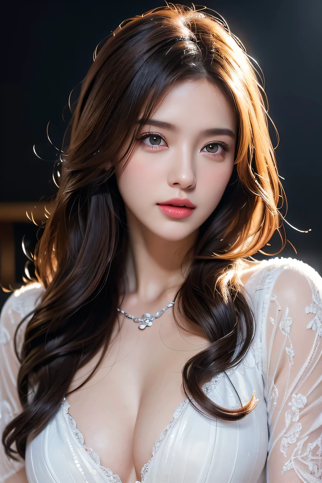 High-quality work,Realistic works,Super premium graphics,8K HD CG works,high quality graphics,High-definition and exquisite CG works,10x pixels,Ultra-fine details:1.1,Advanced technical details:1.1Realistic photo effects,Interior lighting effects:1.5,natural soft light:1.5. Light effect(Virtual light effects:1.8),ultra high resolution,shining dress,sliver long hair,silber hair,transparenthair,high detailed hair(Quality hair details:1.1)Clear eyes,Double eyelids look good,Sharp eye makeup, Create exquisite eyelash makeup, tthin eyebrows, Ultra-detailed eyes,a tall nose, lovely red lips, rosey cheeks, With delicate makeup on her face , pretty face, The face shape is perfectly proportioned,(Advanced facial details:1.1)Masterpiece, highest quality, realistic, very detailed. Subtleties High resolution 8k wallpaper beautiful woman. Wearing a dark blue see-through shirt. Great bar restaurant. At night. Light brown messy hair. The perfect dynamic composition of beautiful and beautiful eyes gradually in 25 year old woman has a long light brown hairstyle with slight bangs.,Dress up and have a unique style. ,Light brown eyes and beautiful They are cute and fun playmates.,Wear glasses with a beautiful and modern design.,Beautiful, healthy, white-pink skin.,small mouth. Women's artwork,Dress full body video,Realism,Amazing Cleavage,My eyes are very bright today