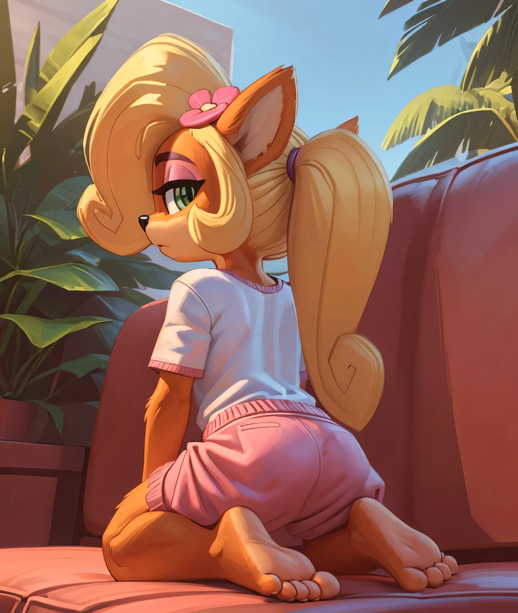 [Coco bandicoot], [Uploaded to e621.net; (Pixelsketcher), (wamudraws)], ((masterpiece)), ((HD)), ((solo portrait)), ((full body)), ((back view)), ((low angle view)), ((feet visible)), ((detailed fur)), ((detailed shading)), ((beautiful render art)), ((intricate details)), {(slim figure), orange fur, black nose, (cute green eyes), (short eyelashes), (pink eyeshadow), (half lidded eyes), (long blonde curly hair), (curly ponytail), (curvy hips), (beautiful legs), (beautiful feet), (tired), (sleepy expression)}, {(white tee shirt), (pink pajama shorts), (pink flower in hair}, {(kneeling on couch), (looking over shoulder), (looking at viewer)}, [ambient lighting, living room, tropical forest, sun rays]