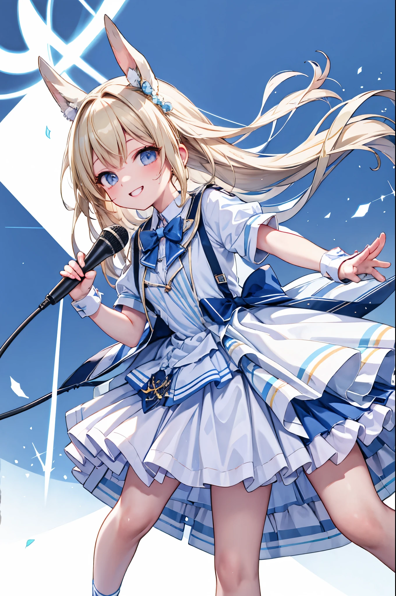 high resolution,smile,woman,woman1人,adult,cute,Hold the microphone, Blonde Hair,BREAK, Light blue eyes,BREAK,Idol Uniform,BREAK,Facing forward,BREAK,Light blue background,
