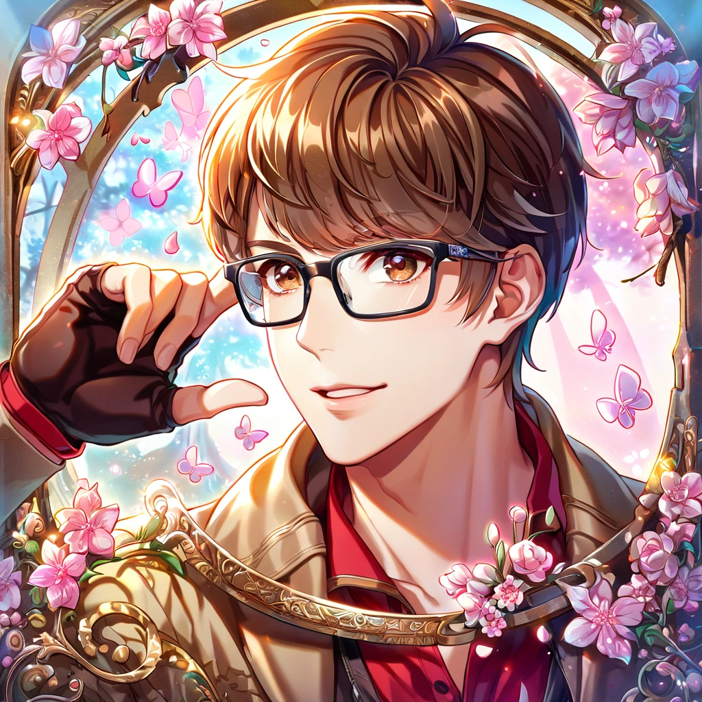 absurdres, highres, ultra detailed, HDR, master piece, best quality, extremely detailed face, delicated features, Wu Xie, brown hair, expressive brown eyes, glasses with black frames, with bangs, The Lost Tomb, solo, sexy man, handsome, brown coat, red shirt, fingerless tactical black gloves, fantasy, magical, pink butterflies, spring, pink leaves, pink flowers