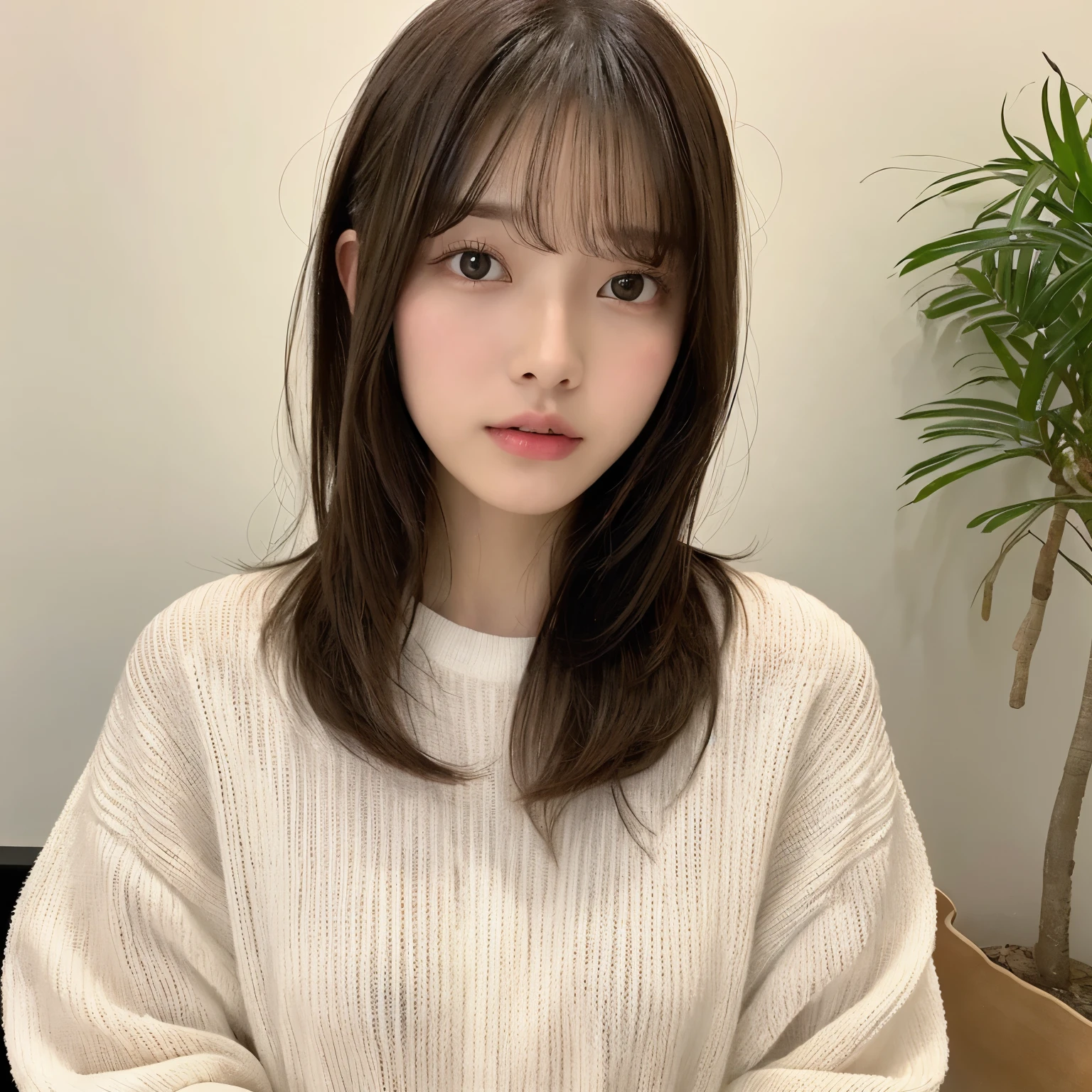 (Highest quality、16K resolution)1 girl、solo、Natural soft light、、Japanese women、Looking into the camera、White long sleeve knit、(Beauty salon background)、Look forward、standing、Beaver、Female in her late teens、Light bangs、short hair、Salon model、Natural look、Portrait、Floated hair、Roll Hair