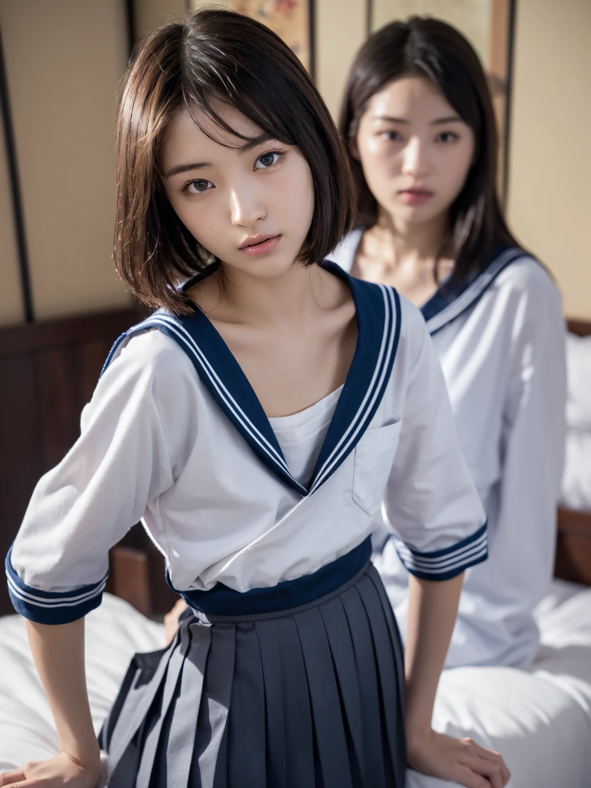 (masterpiece), Very detailed, Ultra-high resolution, Realistic, photo Realistic, High-resolution RAW color photos, Professional photos, Sharp focus, (Very detailed顔と肌の質感, Very beautiful eyes, Glossのある肌, Glowing Skin, Glowing Skin, Shining Face, Gloss, Oily skin, greasy face, Oily skin, greasy face,),, (real Glossのある肌 texture), Perfect Anatomy, Very detailed背景,((Hotel Bed)),(1 female,25-year-old woman, Japanese women),(lean slender body),(short hair, Straight hair, bangs, Brown Hair),(Flat Chest:1.6), (((Japanese Sailor Suit,Japanese school sailor uniform, Pleated skirt)))、((((Undressing))))