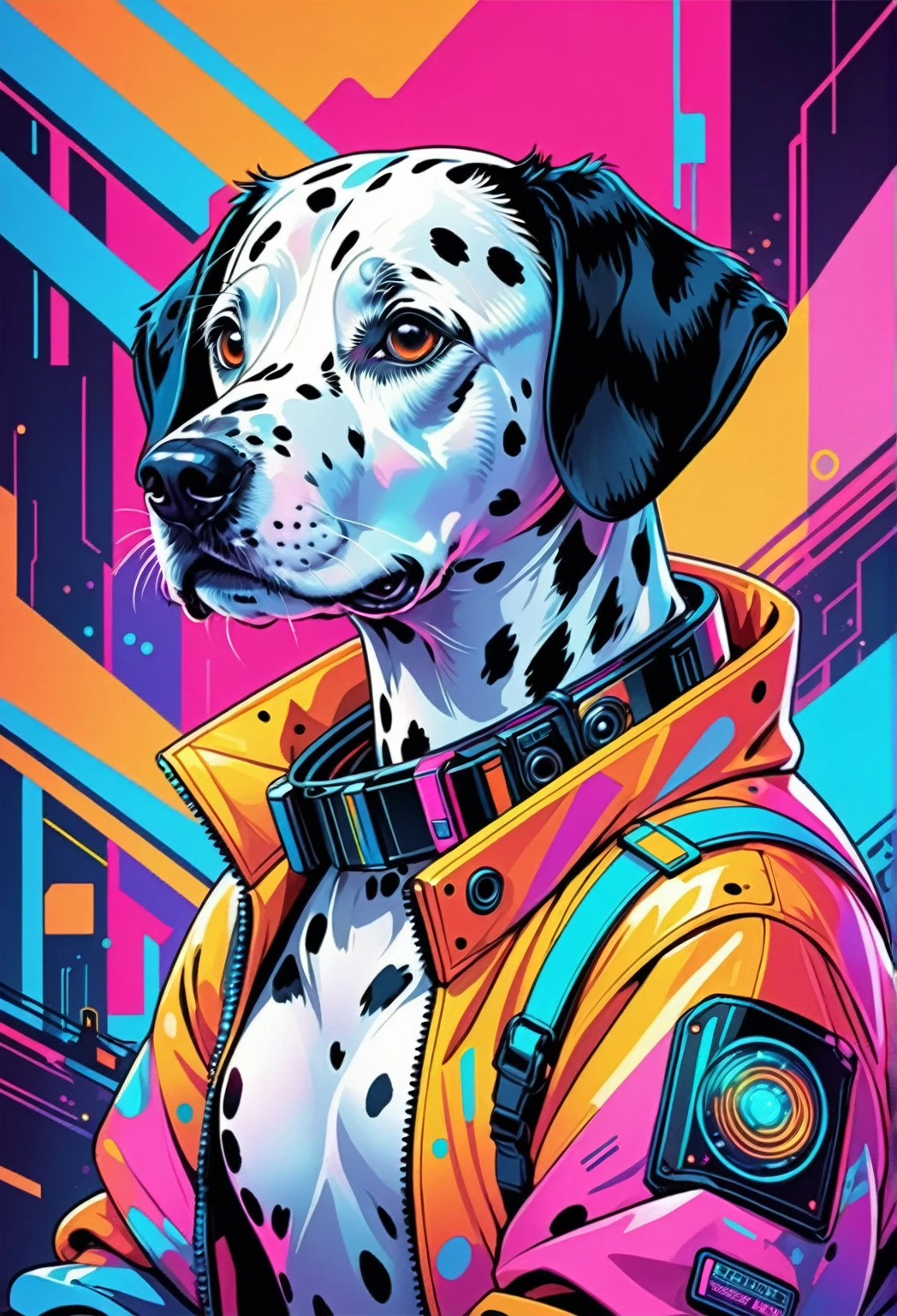 a close-up of a Dalmatian dog wearing a spacesuit, cyberpunk artstyle, in digital illustration style, vibrant cyberpunk colors, vibrant fan art, stunning detailed art style, Detailed digital illustration, cyberpunk artstyle, cyberpunk themed art, cyberpunk detailed illustration, Digital art style, Hyper-detailed digital art, epic masterpiece retrowave art, colorful illustration