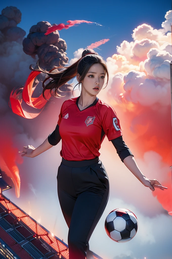 Digital concept art of a hyper-realistic beautiful Korean woman in a red shirt and black pants, ponytail, very healthy, Chase (soccer ball) inside stadium, Smoke is billowing around , moving, Aerial, night, Jay Anacleto, Top quality masterpiece