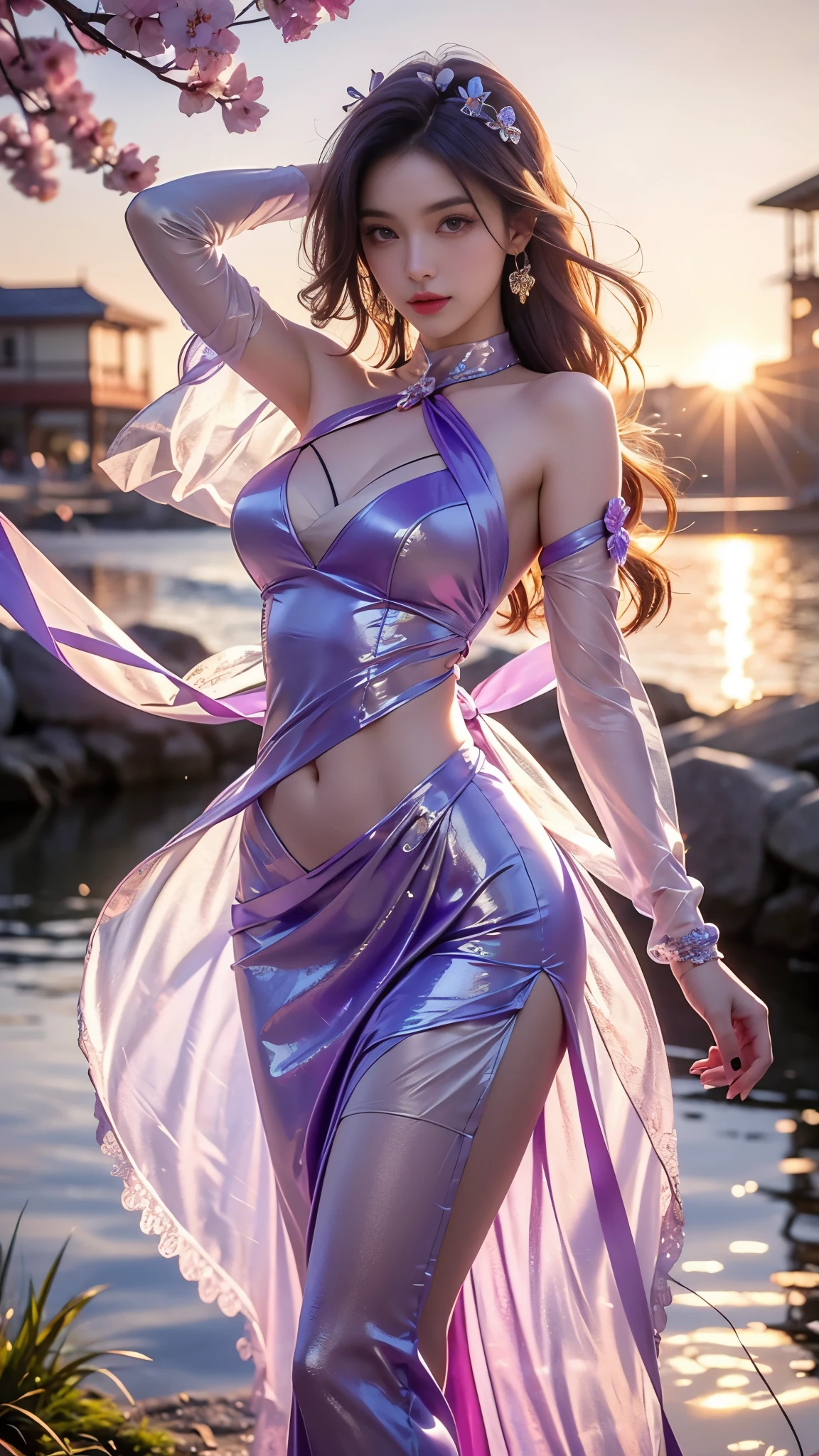 8K, ultra hd, masterpiece, hd colors, 1 girl, perfect face, very long curly hair, detailed eyes, detailed dress, ((purple dress)), stocking, flower lace, ((mesh ribbon)), sardine, straps, net clothing, loops, bare navel, jwellery, waterside, Realistic scenery, epic scenery, sun rising, evening, clouds, Butterfly, cherry blossom, blowing wind, perfect pose, ray tracing, bloom,