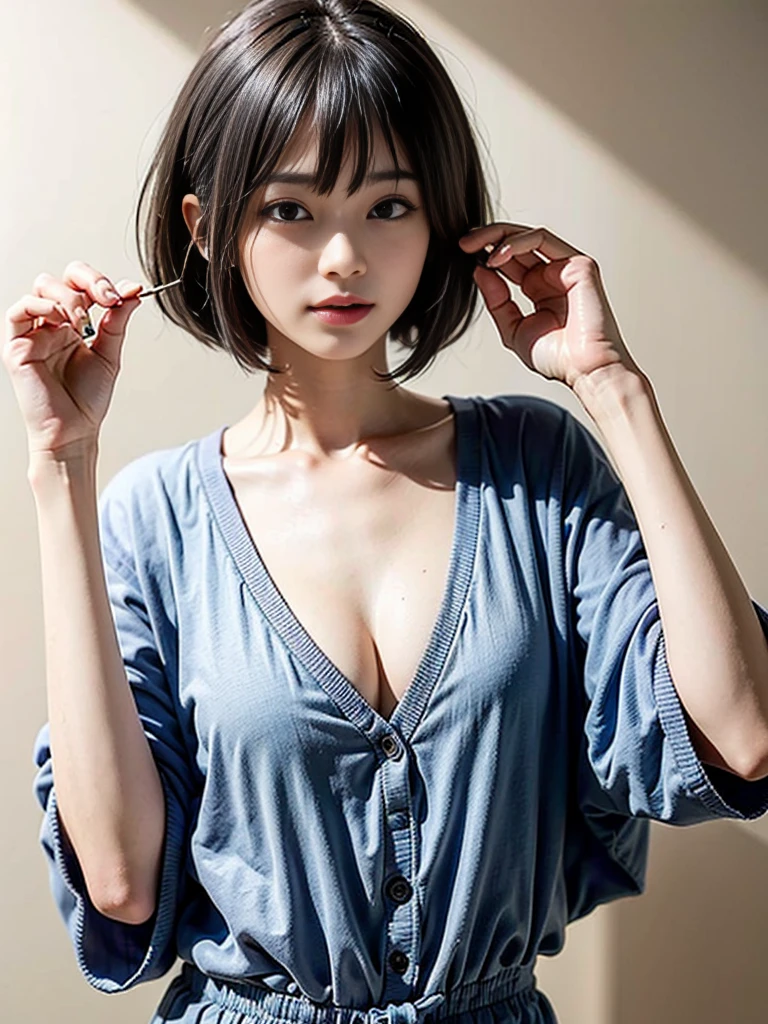 Masterpiece,best quality,solo, one beautiful Japanese girl,,lonely smile,(black eyes,large eyes, half-open eyes, eyelids half-closed, glazed over, slanting eyes,sleepy eyes:1.5),(black soft hair,bob cut,straight bangs:1.5),(Infantile body,flat chest:1.5)