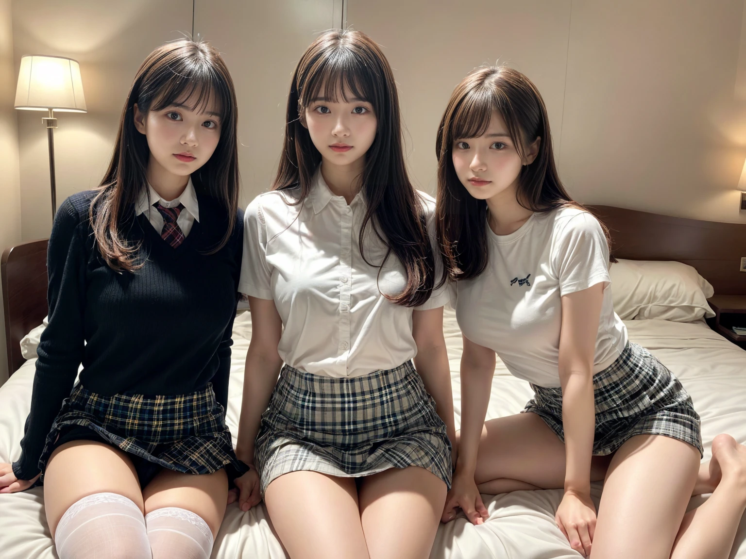 masterpiece, best quality, illustration, Super detailed, fine details, High resolution, 8K,wall paper, perfect dynamic composition,(Details High quality, realistic depiction of eyes:1.3), (3 girls), (white school shirt :1.2), (plaid skirt :1.3), tie black, black thigh-high stockings, sitting, open legs, short bob hair, in a hotel room in the background, deep on field, large breasts, black hair color, Big Natural Color Lip, (perfect body shape), crying a little、Harajuku style、20 year old girl、cute type、beautiful legs, Gravure Idol
