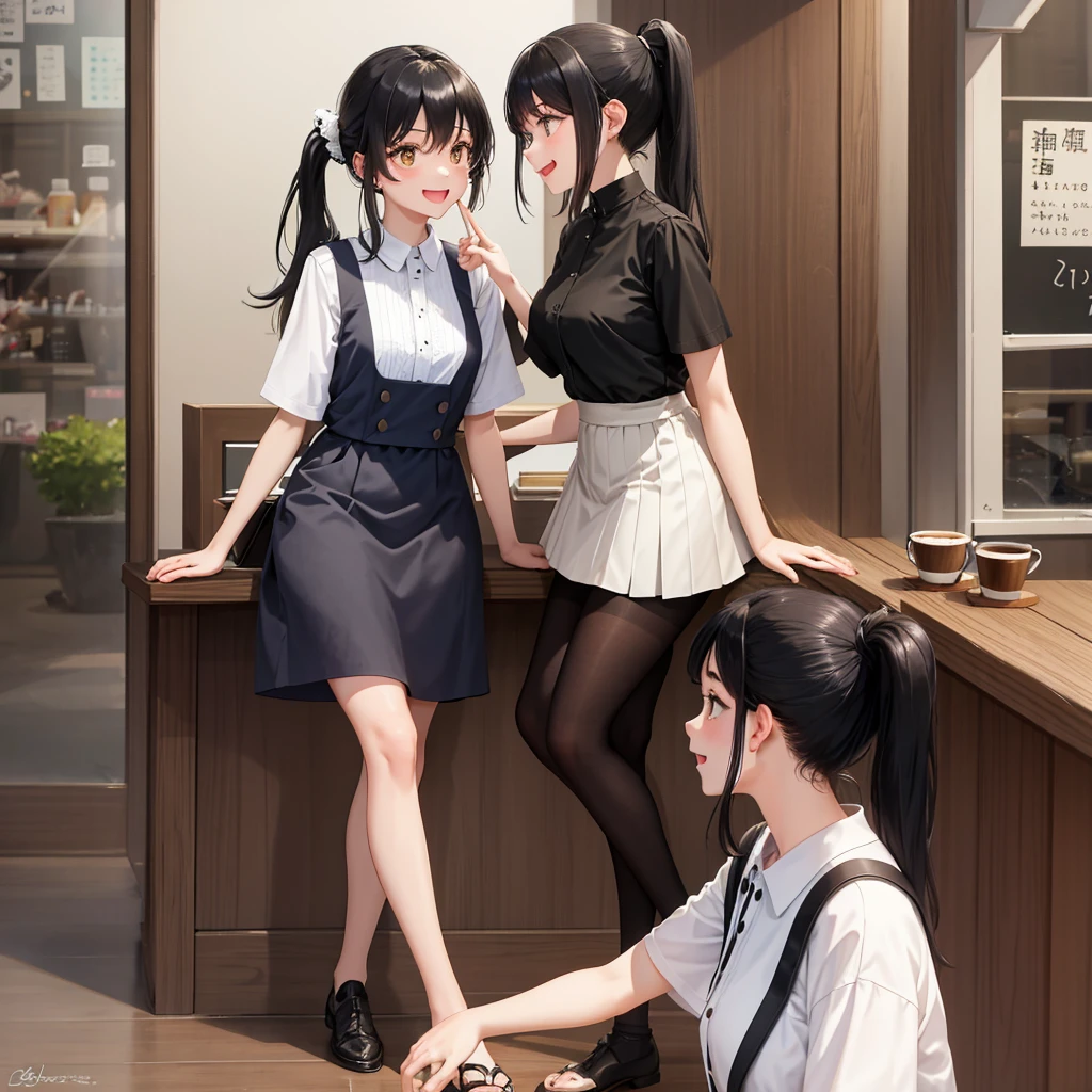 girl, Black Hair, elder sister, Wearing a ponytail,Laugh at someone who is talking, High-quality images, masterpiece, 美丽的girl, Coffee Shop,
