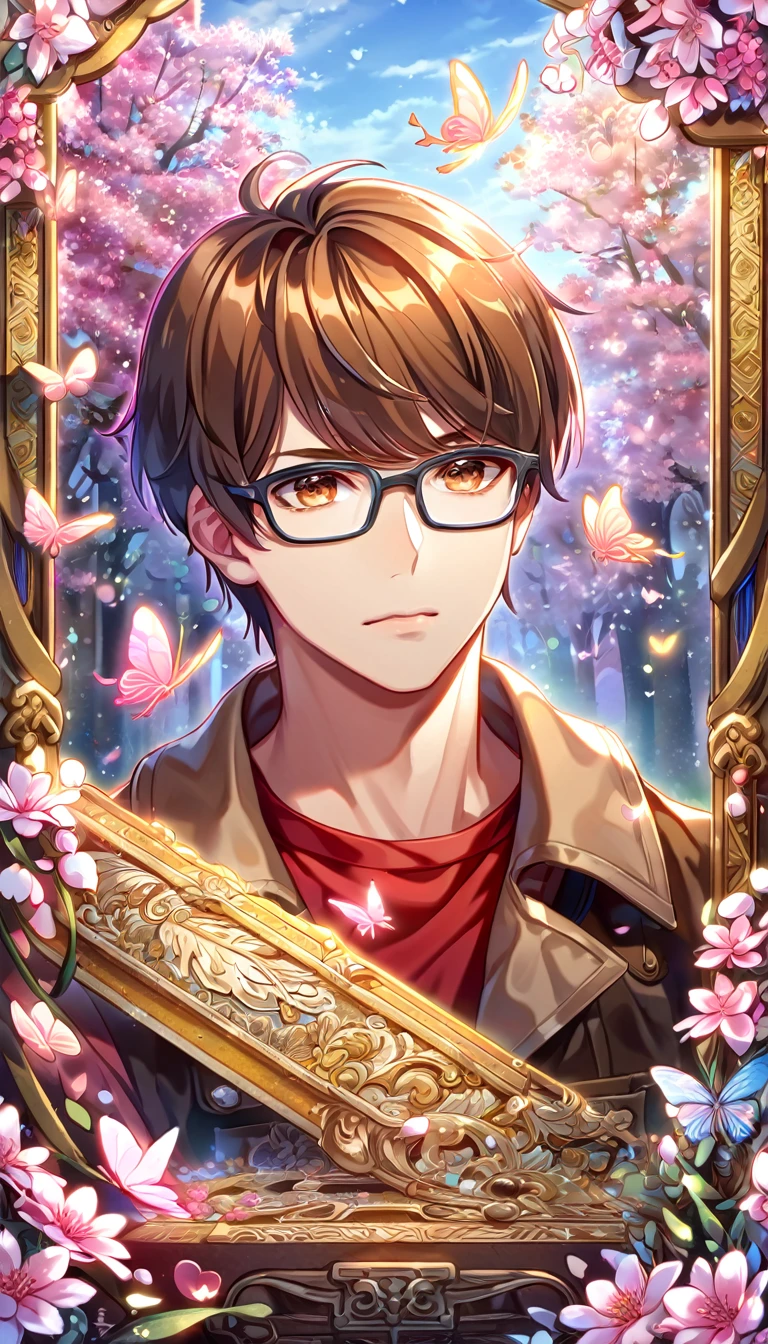 absurdres, highres, ultra detailed, HDR, master piece, best quality, extremely detailed face, delicated features, Wu Xie, brown hair, expressive brown eyes, glasses with black frames, with bangs, The Lost Tomb, solo, sexy man, handsome, brown coat, red shirt, fingerless tactical black gloves, fantasy, magical, pink butterflies, spring, pink leaves, pink flowers