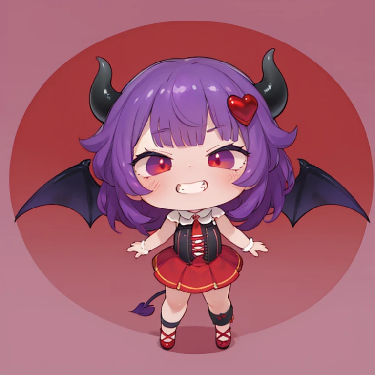 (One girl), cute, ((Chibi Character)), (Small devil:1.3), wing, tail, Devil horns, (Purple Hair,Red Eye), (evil grin:1.3), (devil castle), night, new moon, Outdoor, Are standing, Full Body Shot, ((Highest quality)), ((masterpiece)), (Detailed), Perfect Face, Perfect Arms, Perfect hands, Perfect Fingers, anime, Ultra-fine illustration,