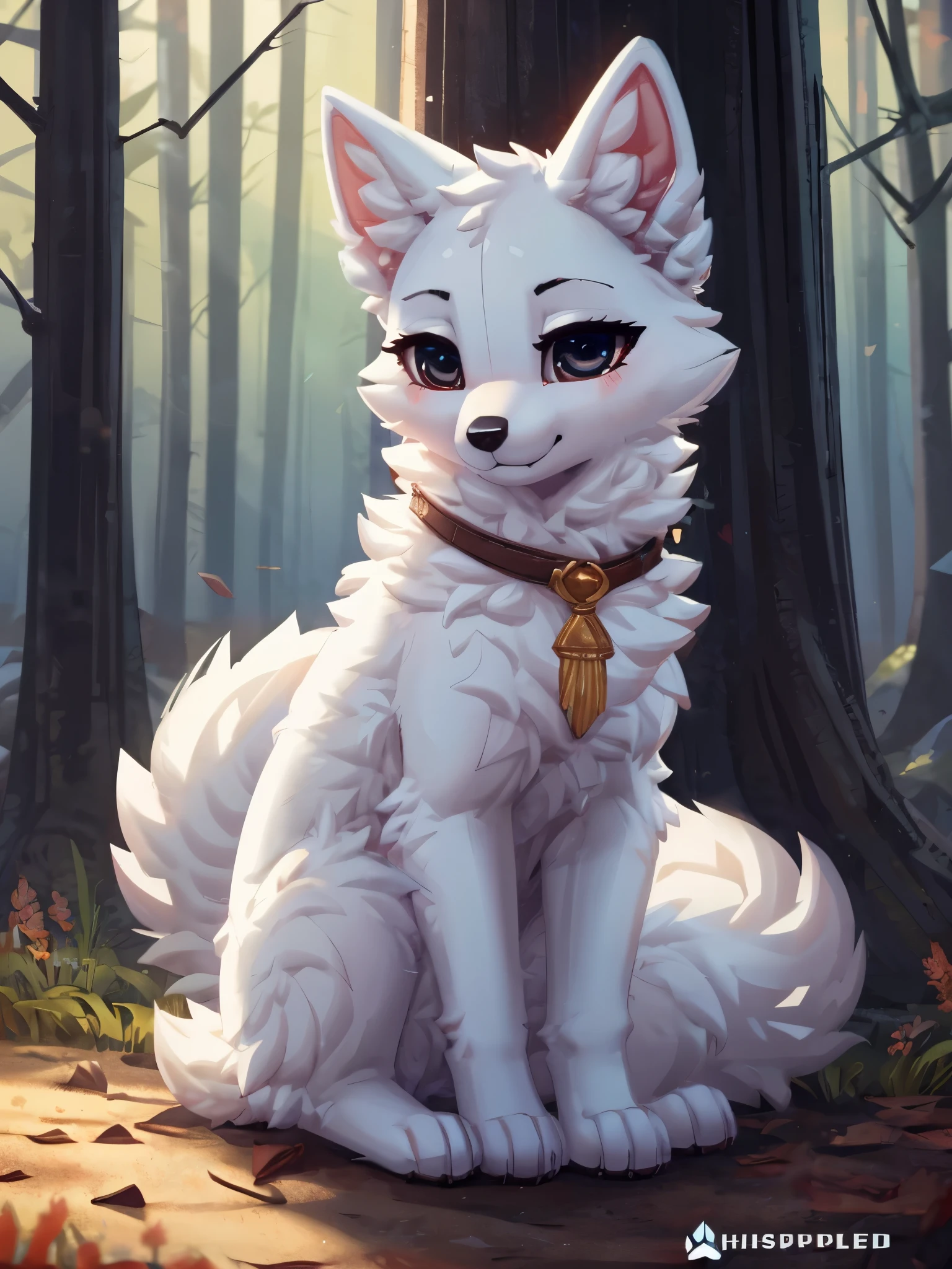 Solo, Cinematic, Arctic fox, white fur, female, feral, long fluffy tail, dominant, sitting, forest background, extremely detailed, beautiful and detailed dilated eyes, black eyes, full body, ((By WhisperFood))
