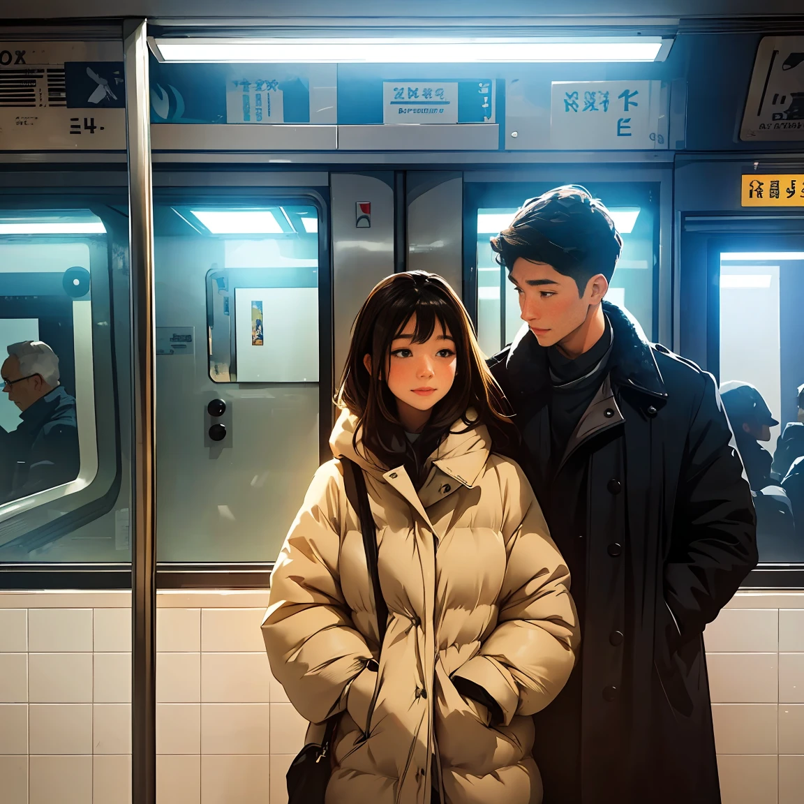 A loving couple in the city, sharing a sweet and affectionate moment inside a subway. The man, looking at the scenery outside the window in front of the subway door, has a gentle expression. The woman stands close to him, gazing at him with affection. The scene is characterized by vivid colors, soft focus, light leakage, and a dreamy winter atmosphere. The setting carries an experimental charm with retro aesthetics, breaking color field painting conventions. The use of various colors and abstract expressionism conveys bold hues and emotional impact, with atmospheric depth. The composition adopts a minimalist approach. The woman has long, fancy brown-dyed hair and is wearing bright padded clothing, while the man is dressed in a stylish, casual outfit. The couple's interaction reflects warmth and tenderness, as they share a subtle, sweet connection. White stardust speckles the dark areas, adding a whimsical touch. The image is highly detailed, with high resolution, emphasizing the vivid color palette, soft focus, light leakage, and dreamy atmosphere