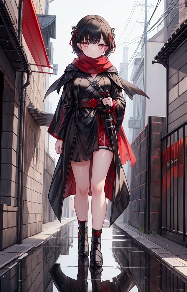 (masterpiece、premium quality、ultra detailed) , (1 girl), bright eyes, short hair, black robe,bandit clothing, red scarf, sidewalk, walking, puddle, blades, sheathed blades, at night