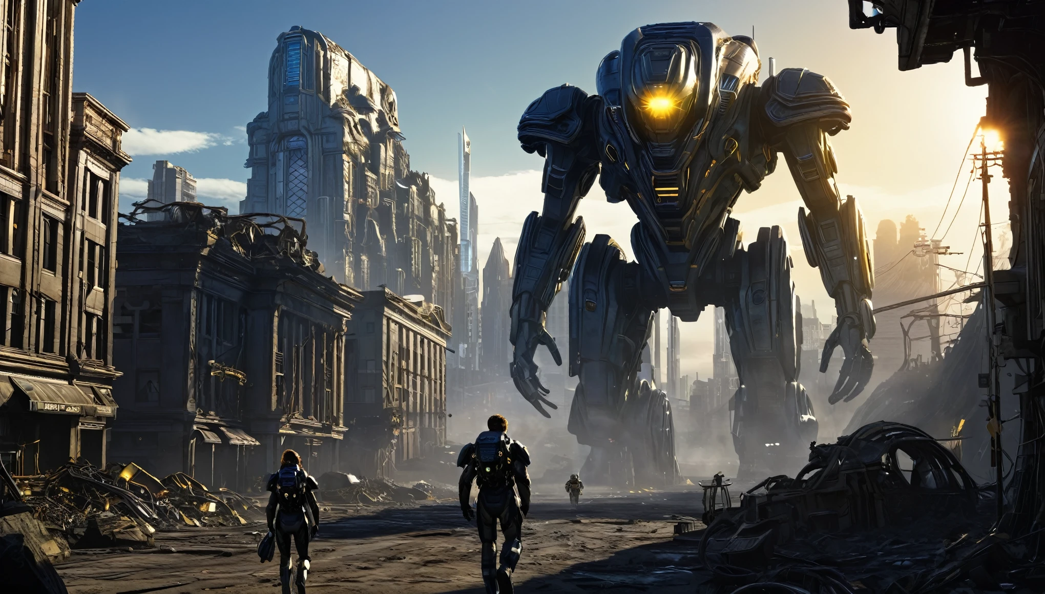 (based on the movie prometheus), Starcraft Prometheus lands on an unknown planet, a crew member Elizabeth Shaw, An archaeologist and scientist, Walk through a city of immense, highly technological buildings , semi-ruined, with abandoned machinery, golden hour lighting, all full of imagination,science fiction and (intricate details of the machine).photorealistic image,maximum sharpness, 8K quality.(top quality masterpiece).

