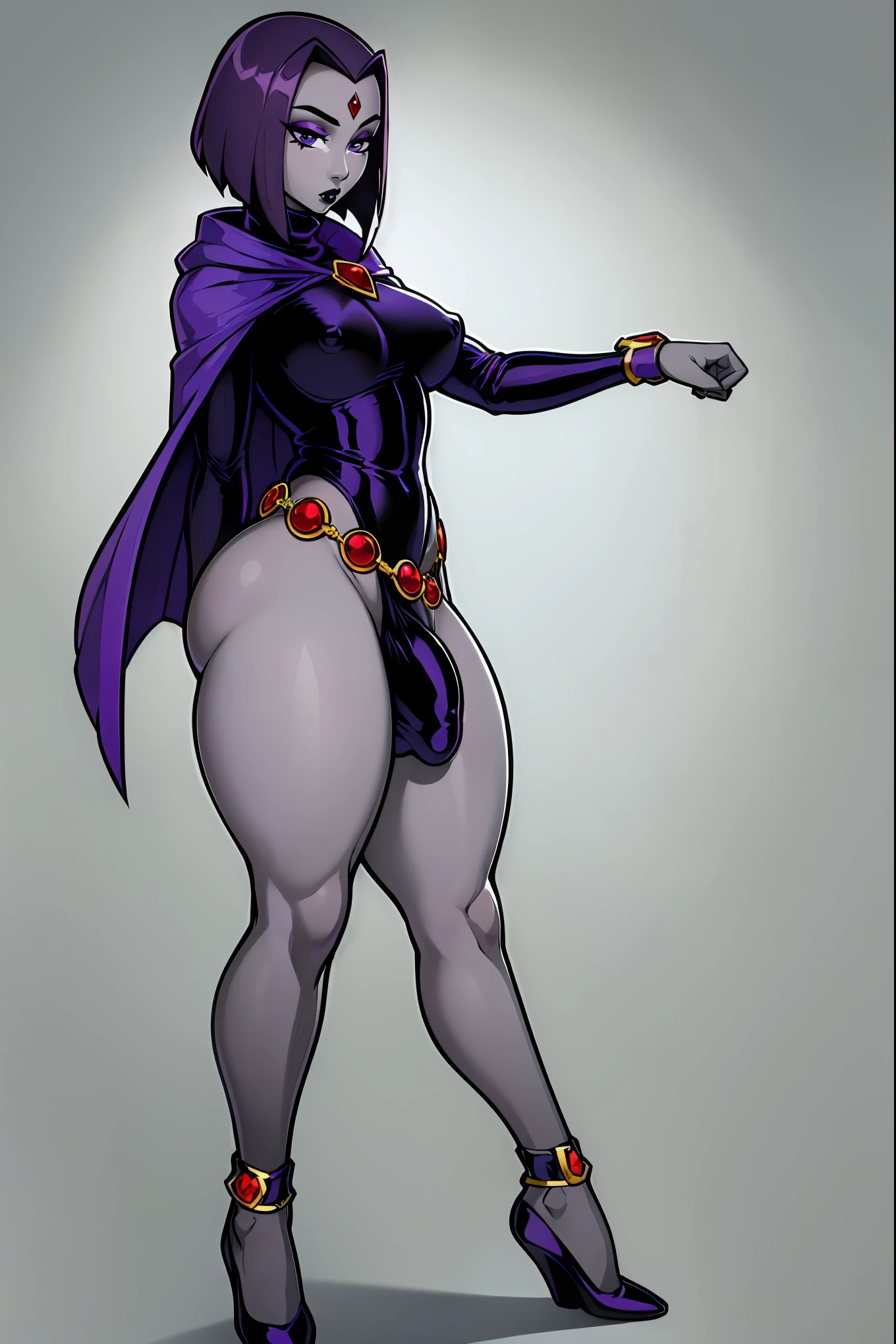 (solo:1.1),(masterpiece), (best quality:1.3), ultra detailed, intricate, professional art, digital art, absurdres, shadraven, (Full body view:1.1), 1girl, solo, (grey skin:1.4), dark purple hair, bob hair, dark purple eyes, hips wider than shoulders, pear shaped body, jewellery, detailed thighs, (thick thighs:1.3), red jewel in forehead, jewels, (long sleeved turtleneck leotard:1.4), (Red jewel Belt), (red jewel brooch), cuffs, small breasts, nipple bulge, (raven long dark purple cloak), (Shadraven brooch:1.2), Shadraven jewel belt, Shadraven wearing a long sleeved leotard, long legs, ( long crotch bulge:1.4), large penis, large testicles, side view, looking at viewer, bubble butt , gluteal crease, universal lighting,
