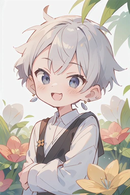 Highest quality, (high quality),eye highlights,arms are thin, thin body,face,from front, (portrait),look at viewer,have flowers,very happy smile,Pouting mouth,open your mouth and laugh,((())), (1 boy),(silver hair),(very)short hair,earrings,illustration,anime style,