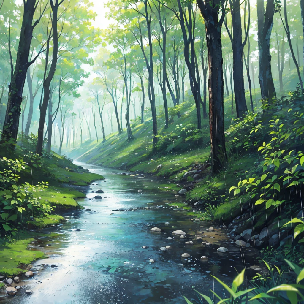 Forest, it's raining, there's a stream
