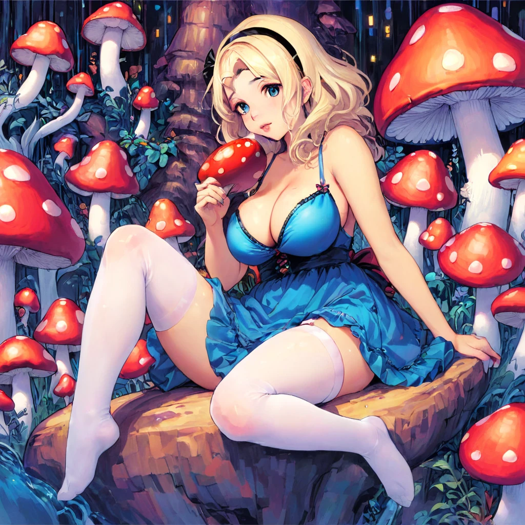 a beautiful 20 year old blonde woman with big messy hair in a blue dress, white stockings, black headband, cleavage, holding a glowing mushroom, sitting on a giant mushroom, fantasy art style, rossdraws cartoon vibrant, alice in wonderland cyberpunk, cute detailed digital art, colorfull digital fantasy art, digital fantasy art ), glossy digital painting, rossdraws pastel vibrant, rossdraws 2. 5, rossdraws 1. 0